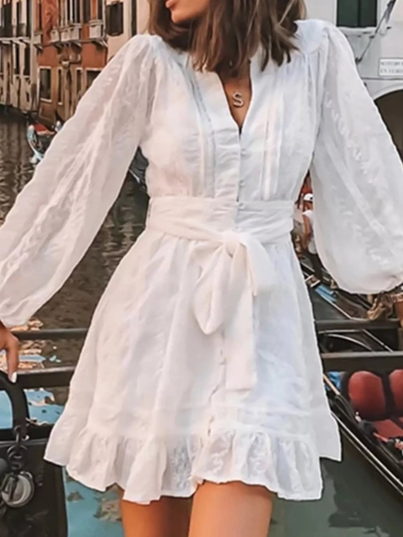 Full Size Ruffled Hem Tie Waist Long Sleeve Dress Plus Size