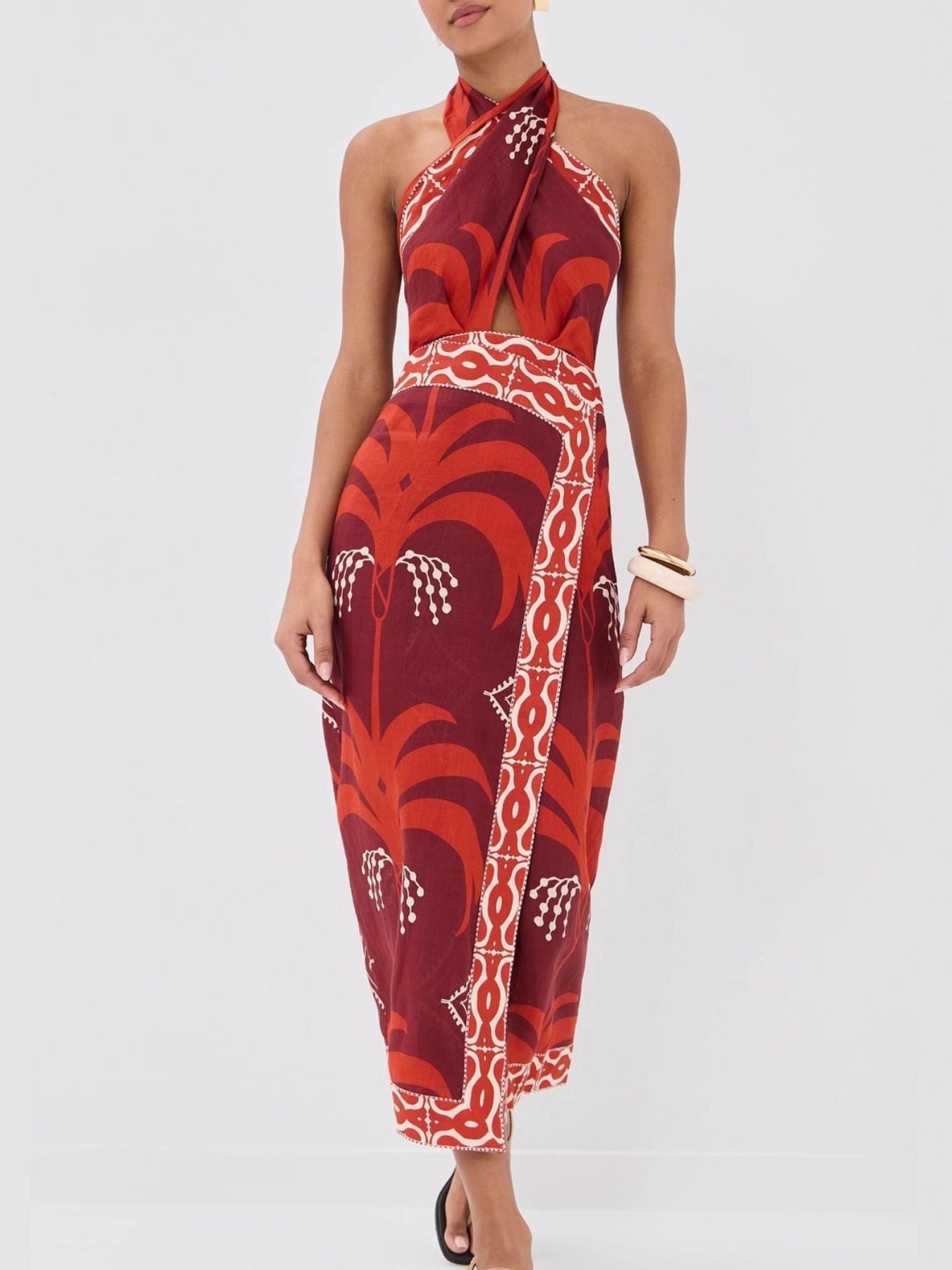 Tropical Print Halter Neck Wrap Dress