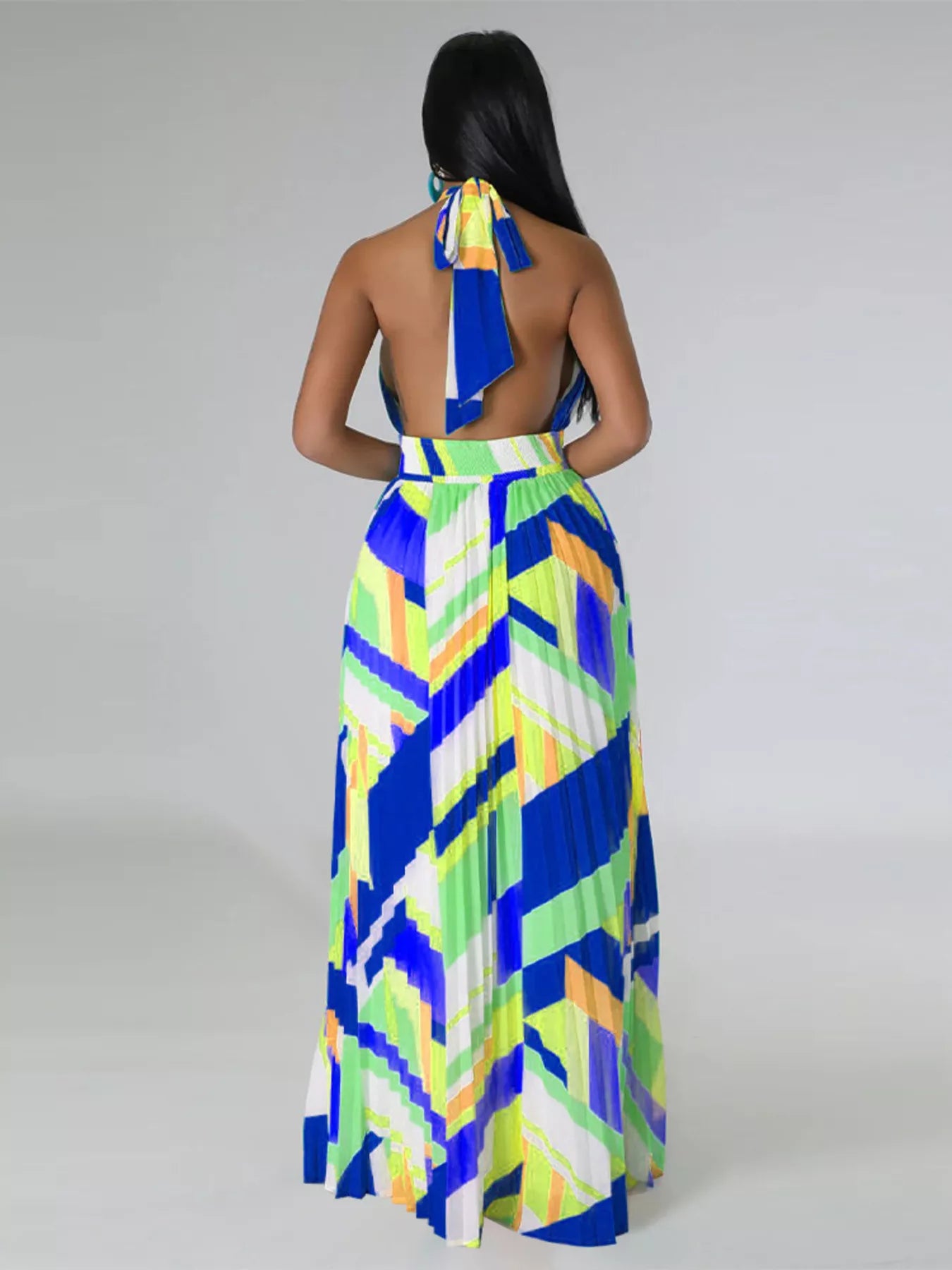 Halter Neck Geometric Print Pleated Maxi Dress
