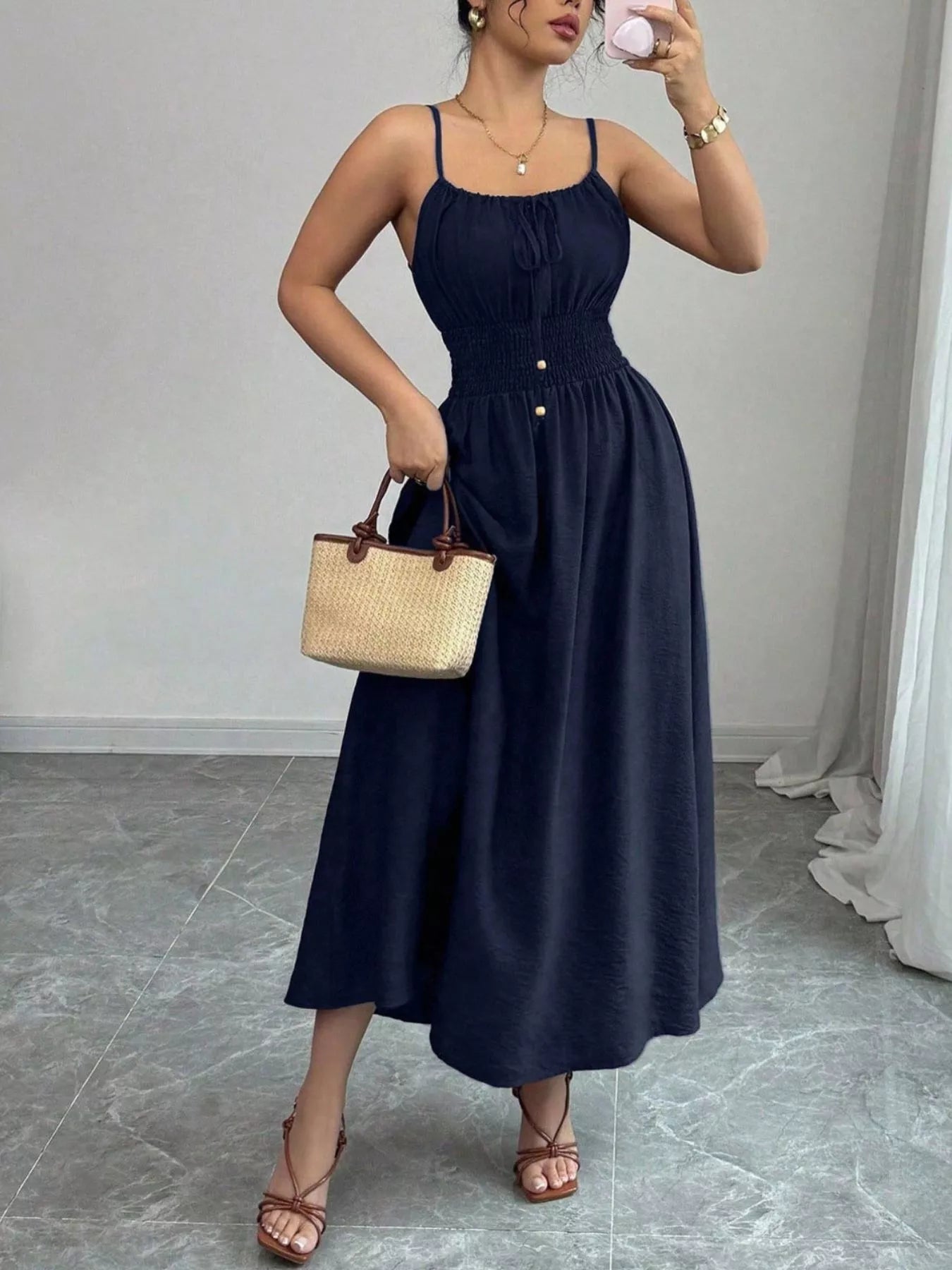 Smocked Spaghetti Strap Midi Dress