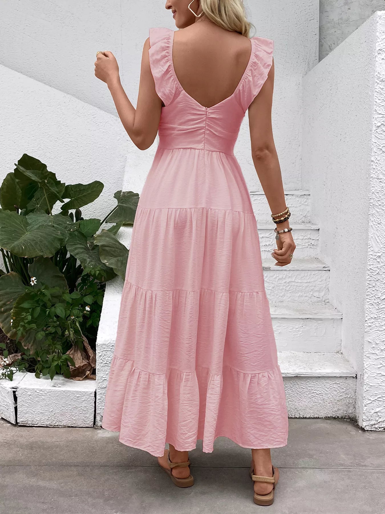 V-Neck Tiered Dress with Flutter Sleeves