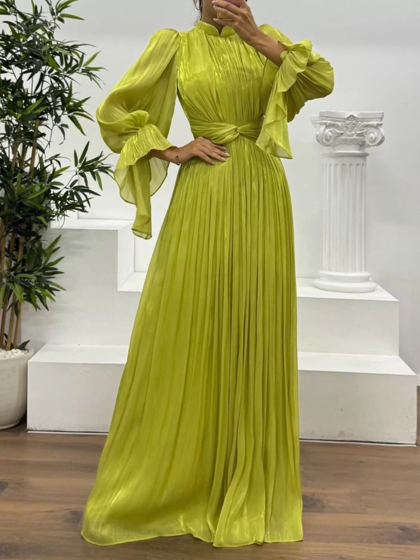 Pleated Mock Neck Long Sleeve Maxi Dress