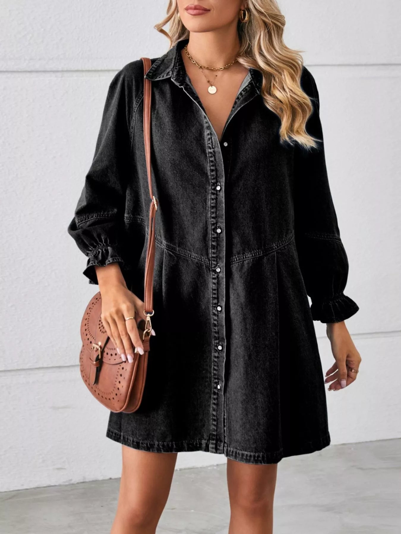 Button Down Ruffle Cuff Denim Dress
