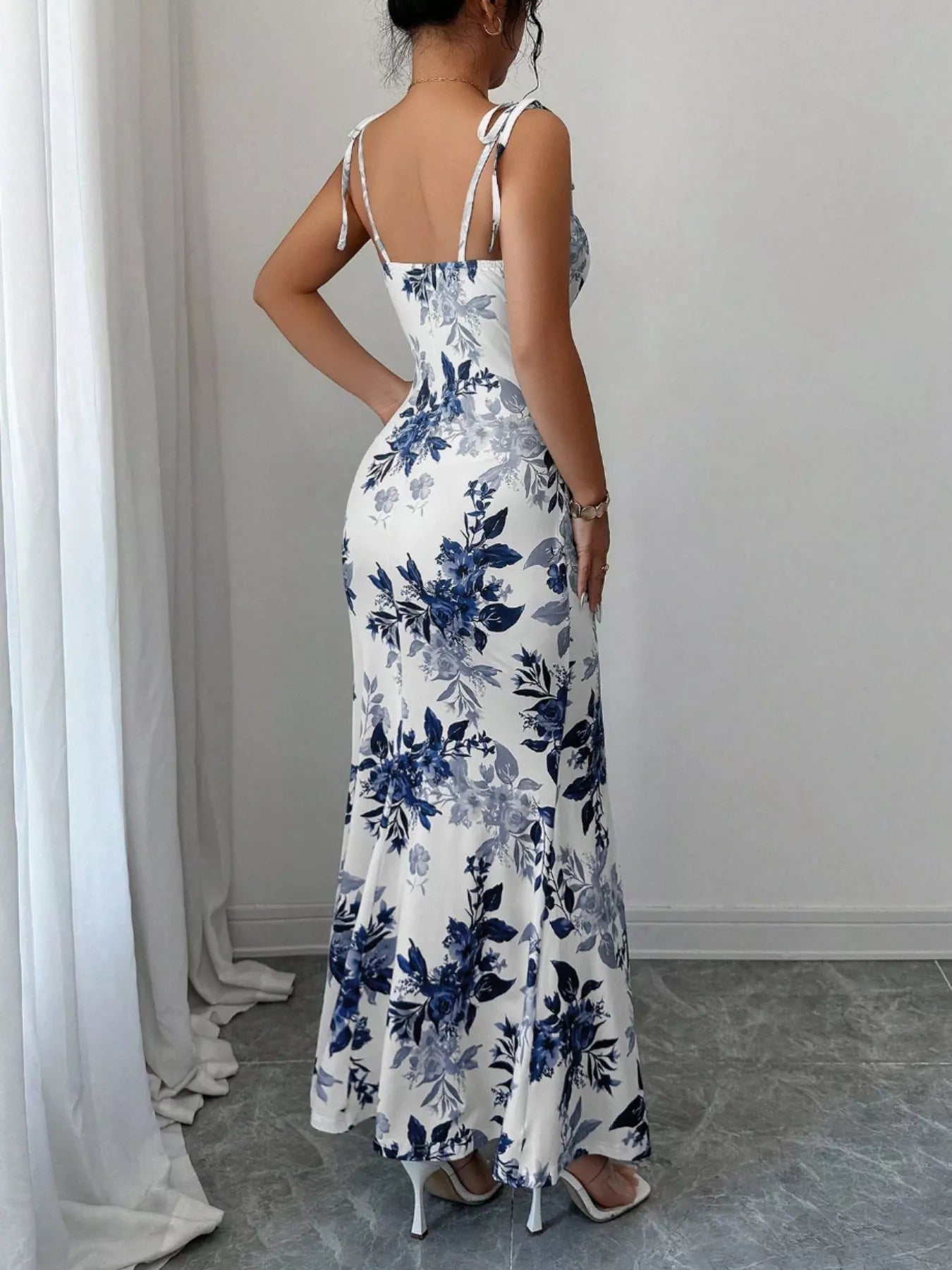 Printed Tie Strap Slit Maxi Dress