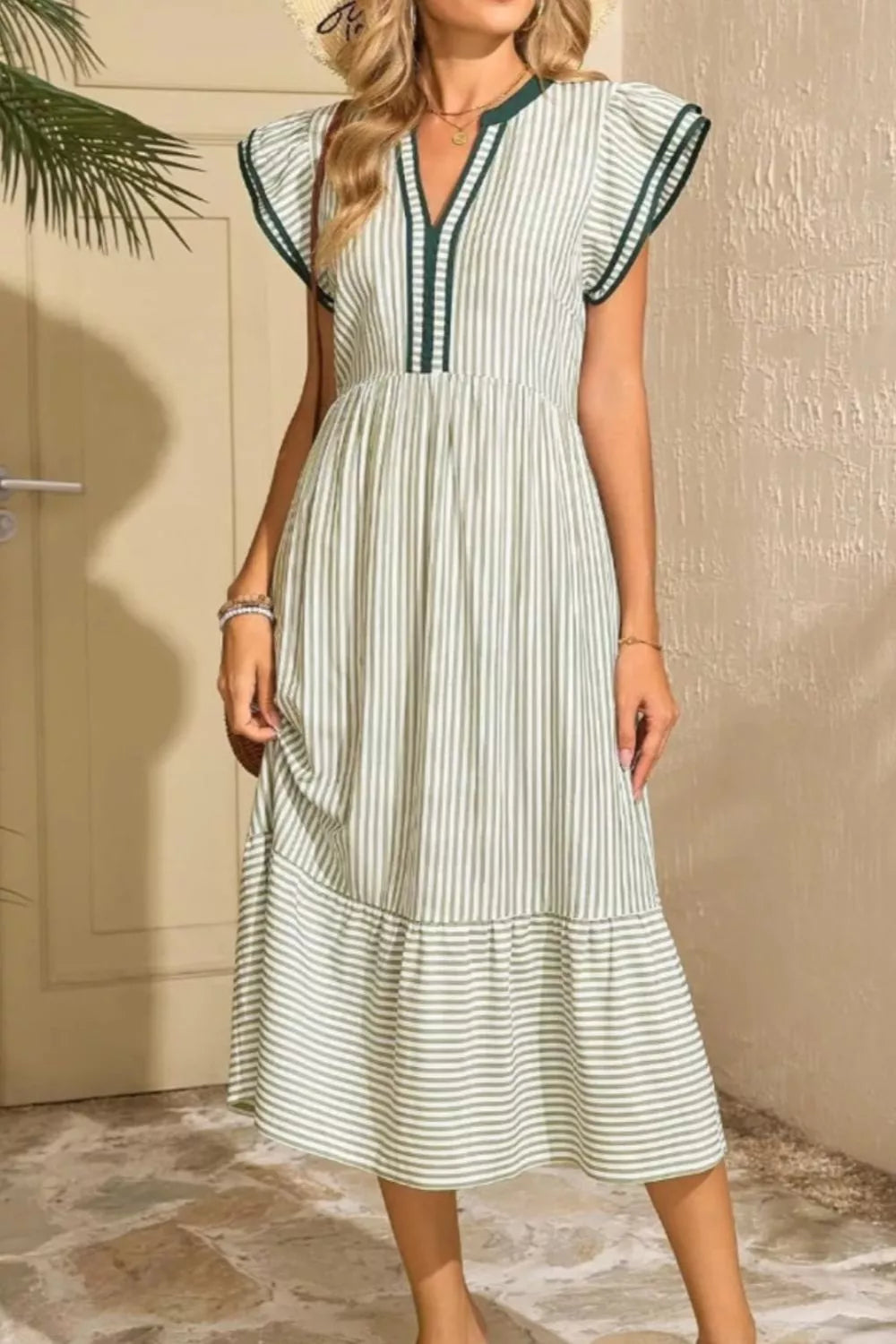 Striped Ruffle Sleeve Midi Dress