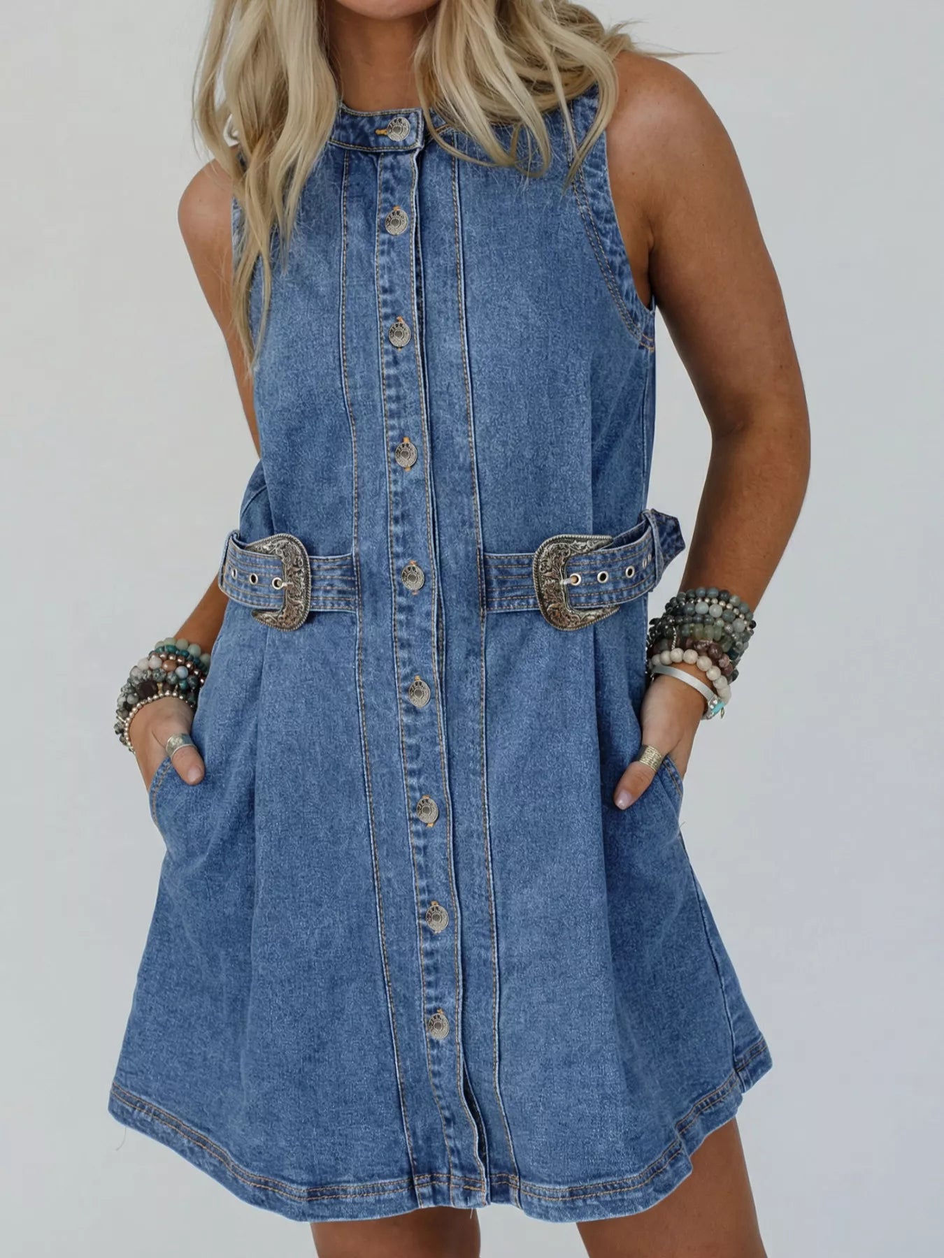 Western Belt Button Down Sleeveless Denim Short Dress