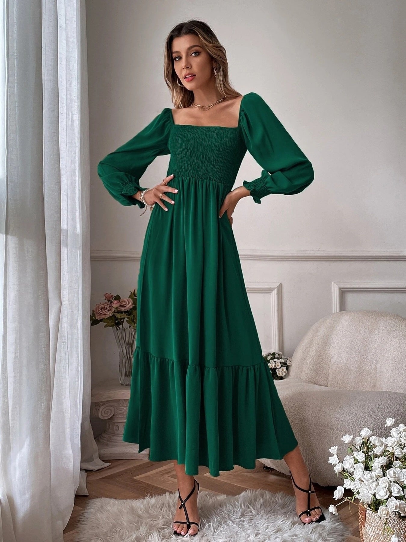 Smocked Long Sleeve Midi Dress