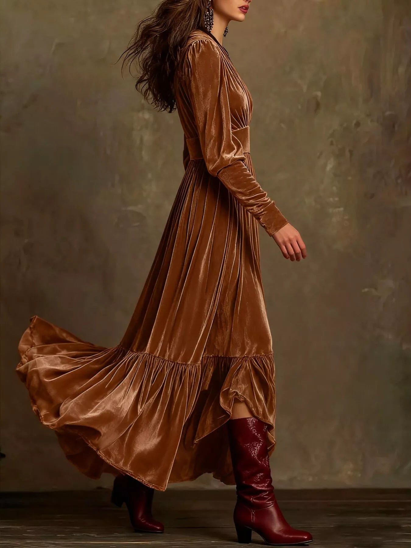 Elegant Velvet V-Neck Long Sleeve Maxi Dress