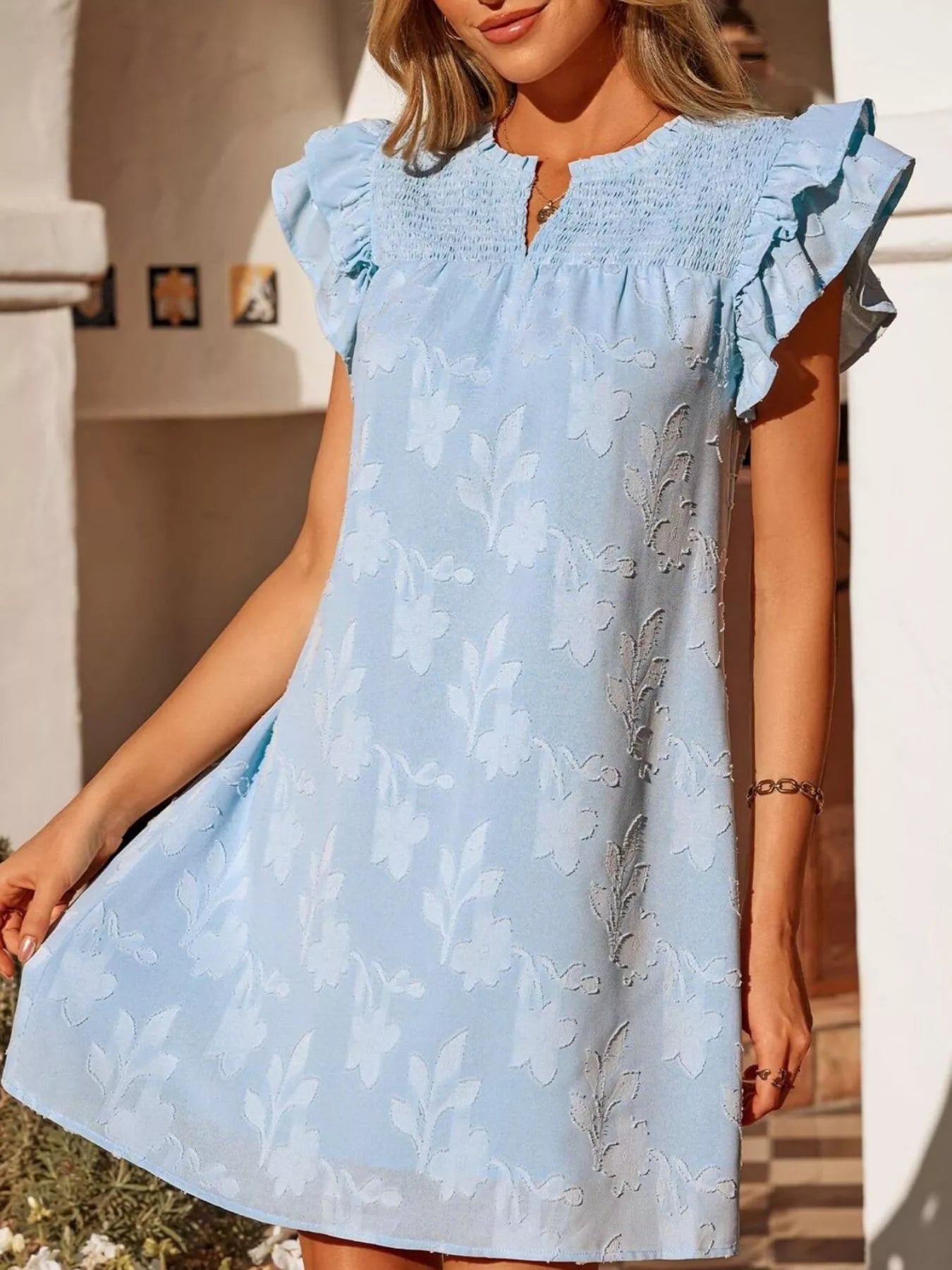 Floral Embossed Ruffle Sleeve Mini Dress