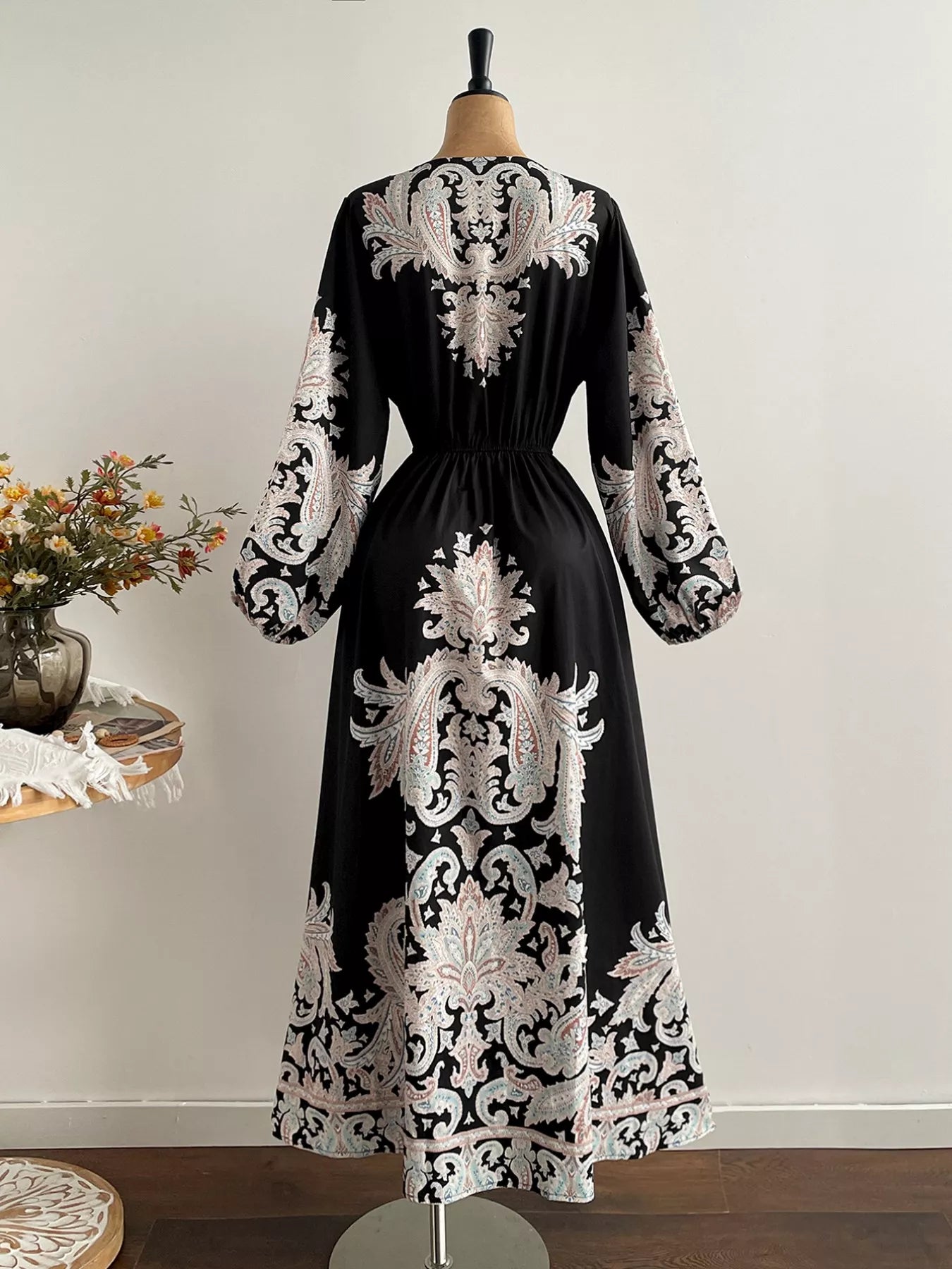 Plus Size Printed V-Neck Balloon Sleeve Dress