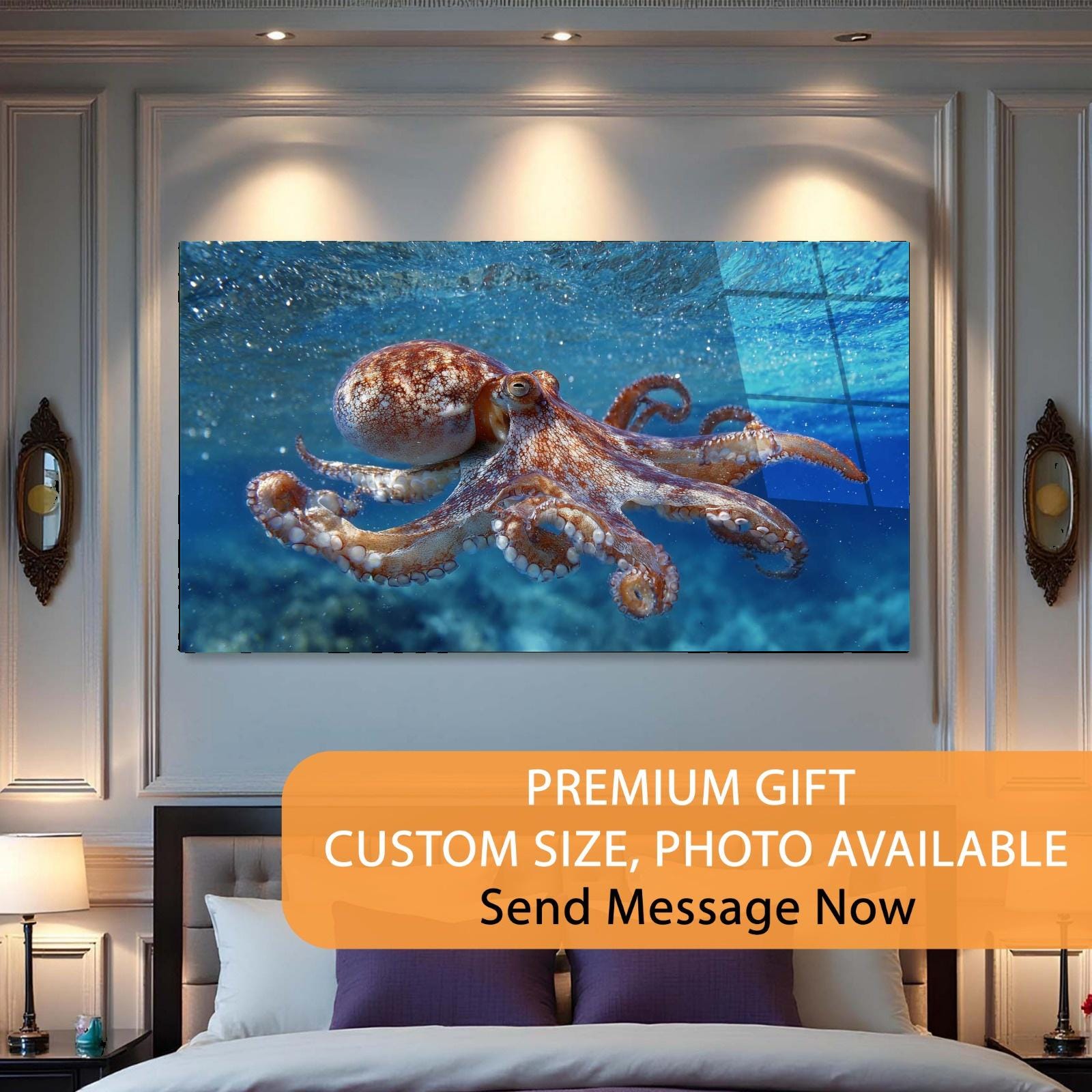 Octopus Tempered Glass Wall Art | Marine Life Coastal Decor