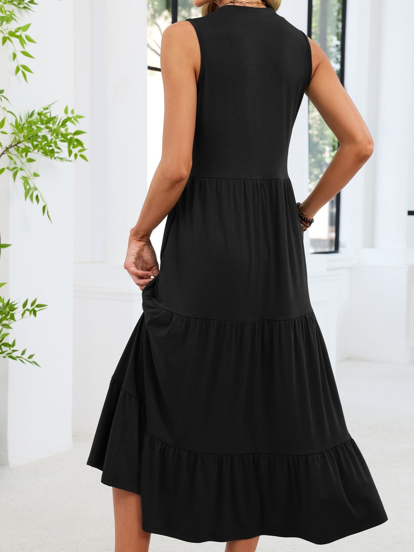 Sleeveless Notched Tiered Midi Dress
