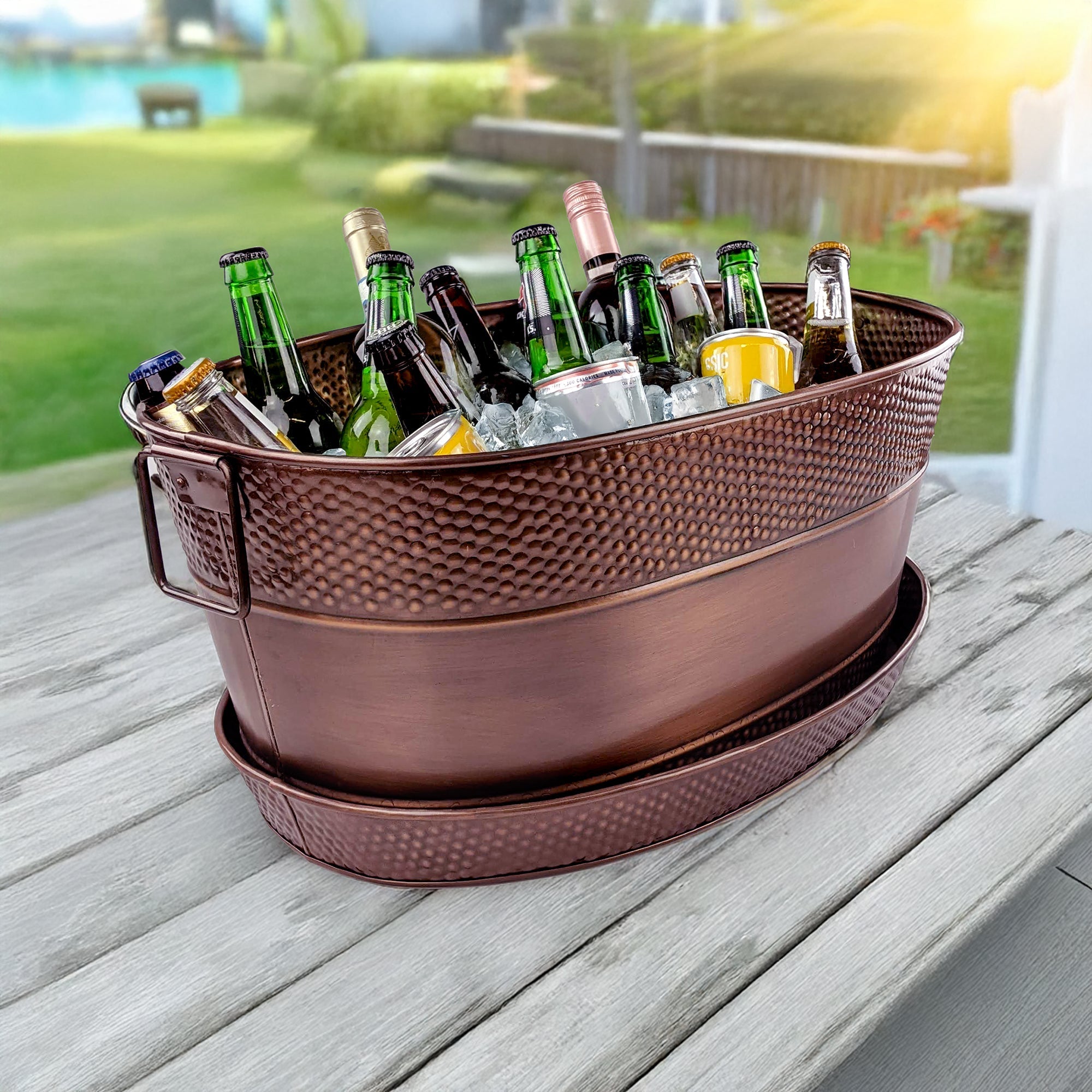 BREKX Aspen Hammered Antique Copper Beverage Tub with Tray | 25-Quart Oval Drink Cooler