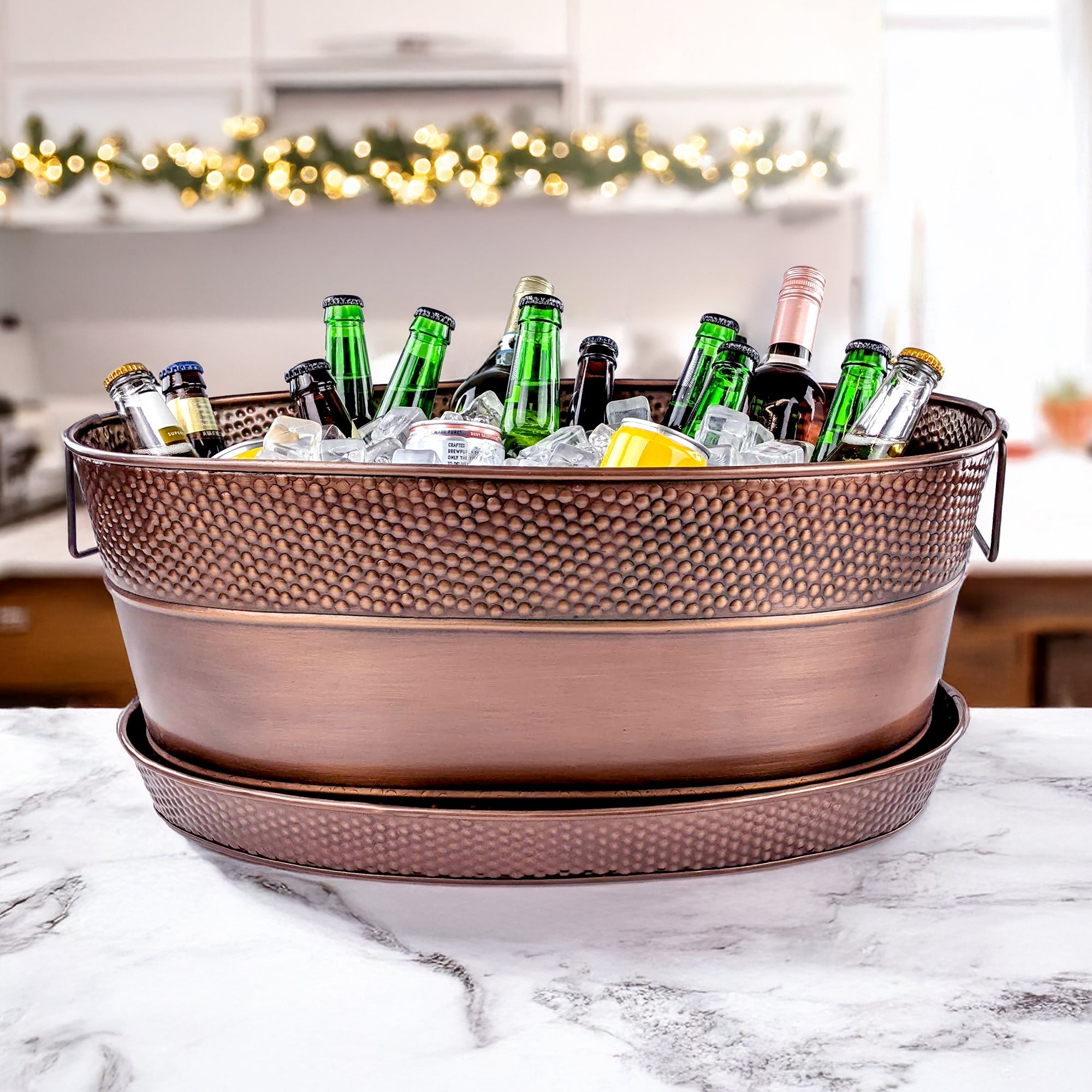 BREKX Aspen Hammered Antique Copper Beverage Tub with Tray | 25-Quart Oval Drink Cooler