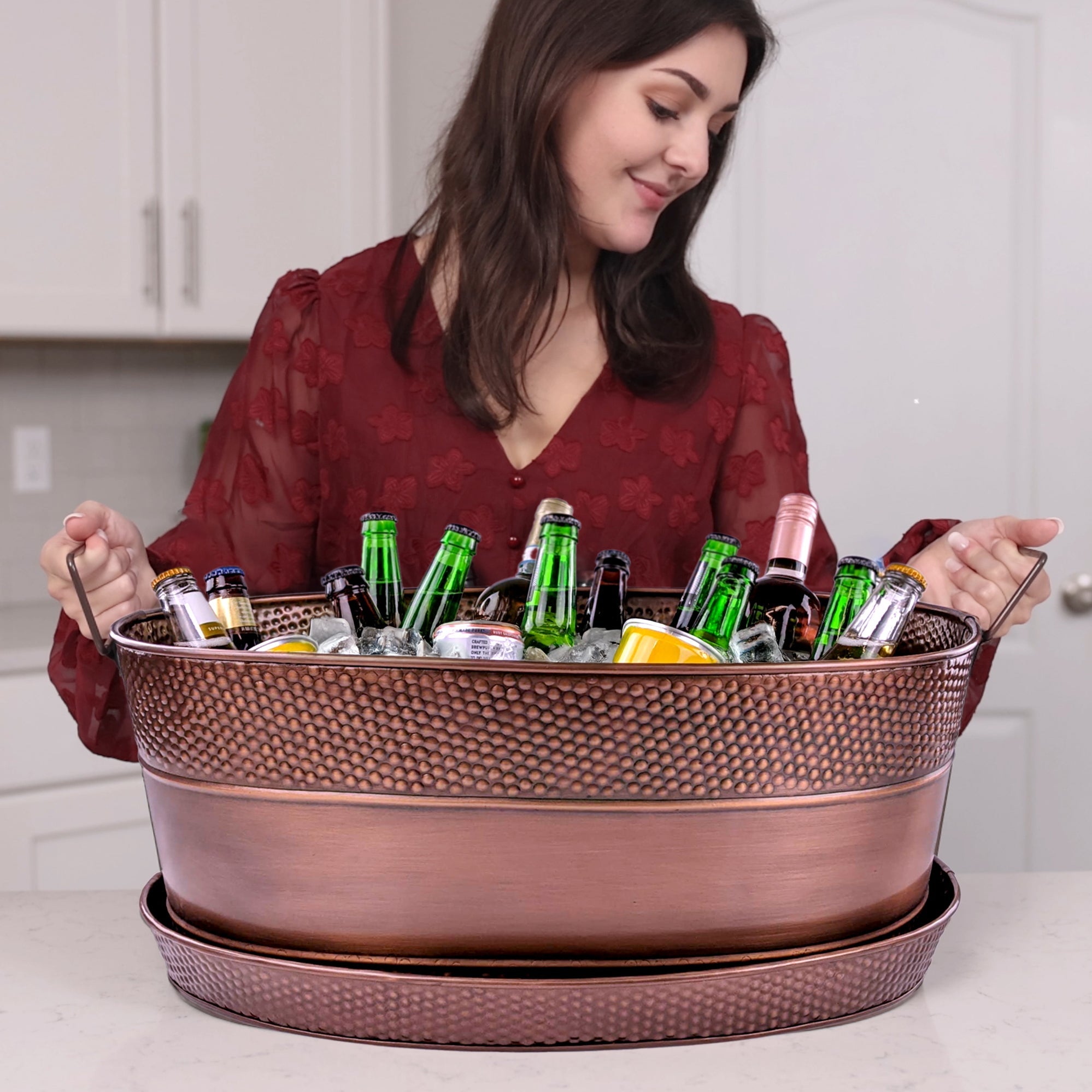 BREKX Aspen Hammered Antique Copper Beverage Tub with Tray | 25-Quart Oval Drink Cooler