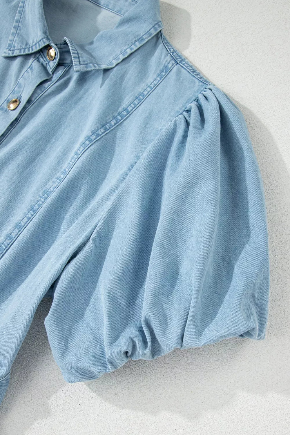 Full Buttons Collared Short Bubble Sleeve Long Denim Dress