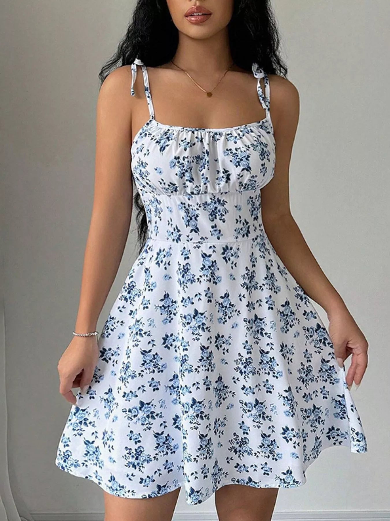 Floral Print Tie Strap Mini Dress
