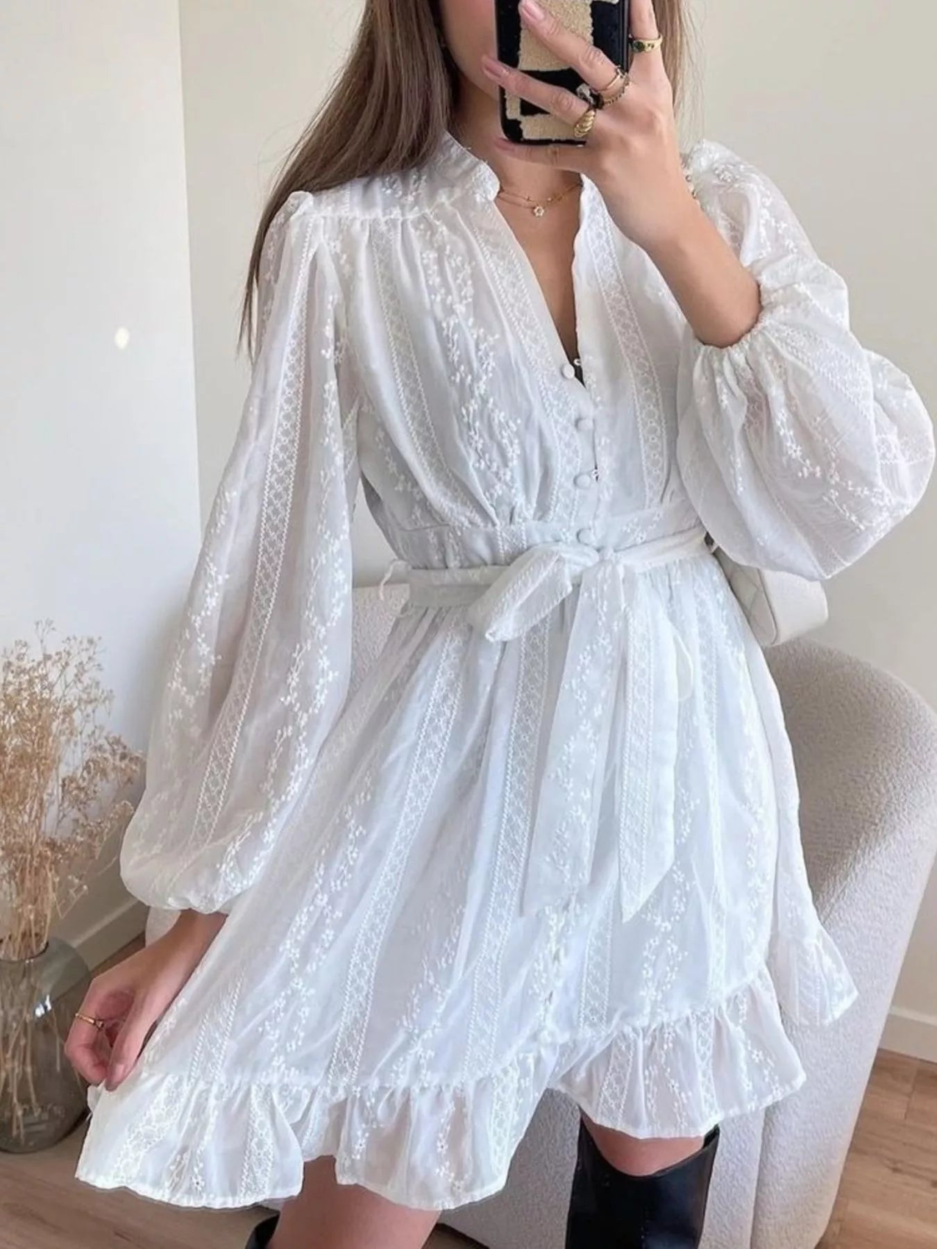Full Size Ruffled Hem Tie Waist Long Sleeve Dress Plus Size