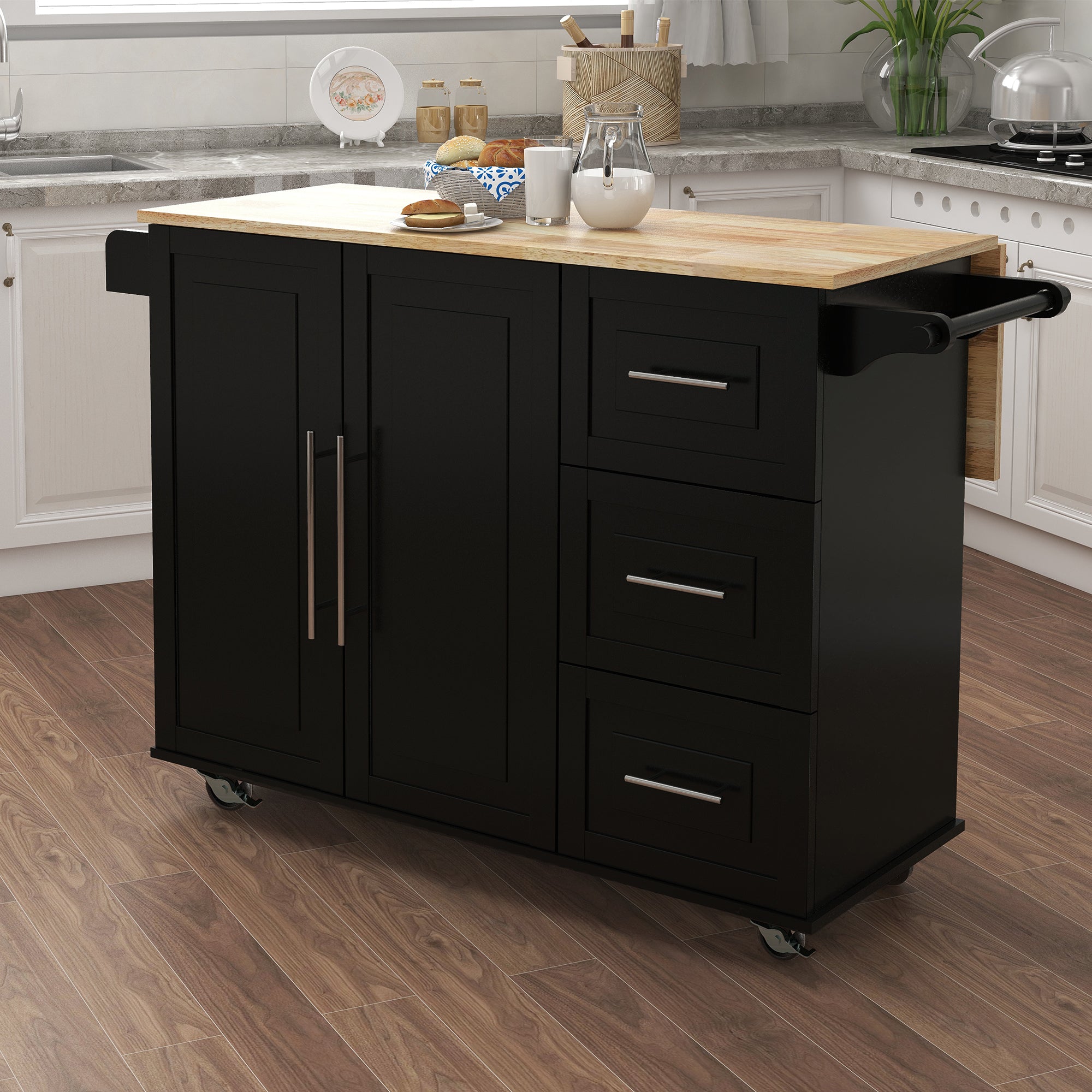 Kitchen Island with Spice Rack and Towel Rack - Black