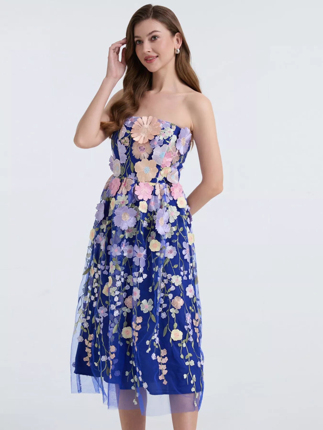 Floral Applique Strapless Midi Dress