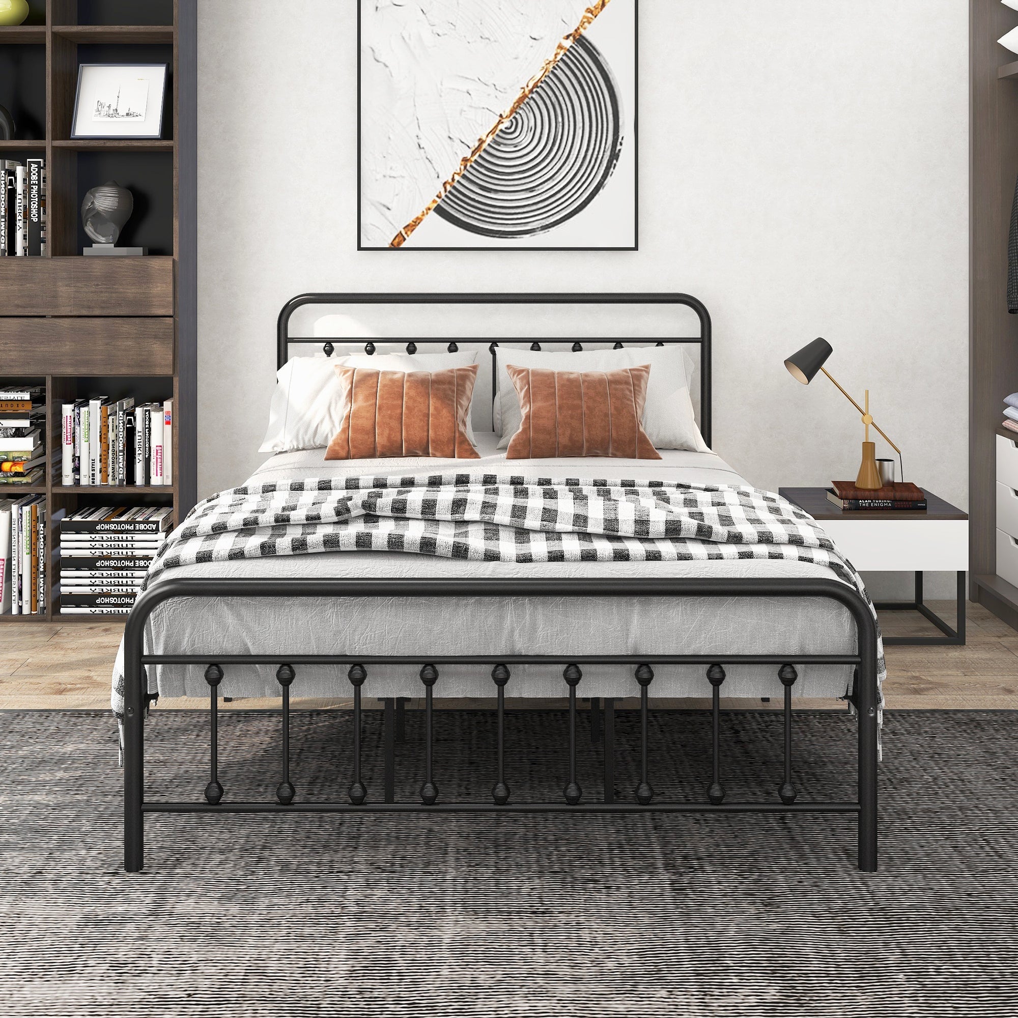 Metal Platform Bed Frame with Victorian Style Headboard