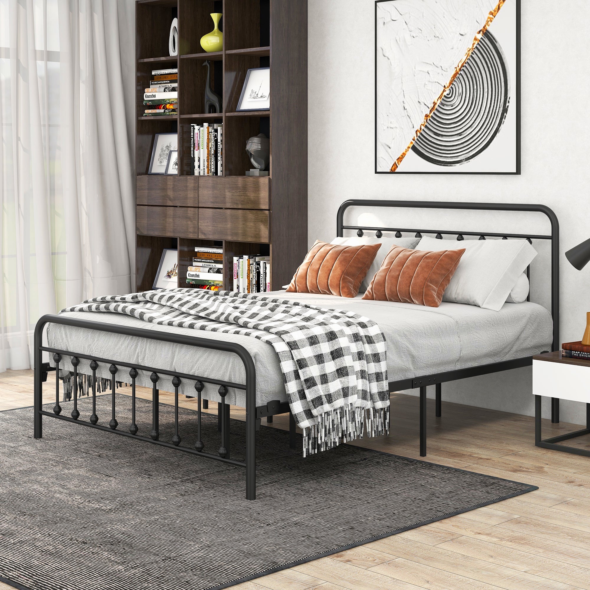 Metal Platform Bed Frame with Victorian Style Headboard