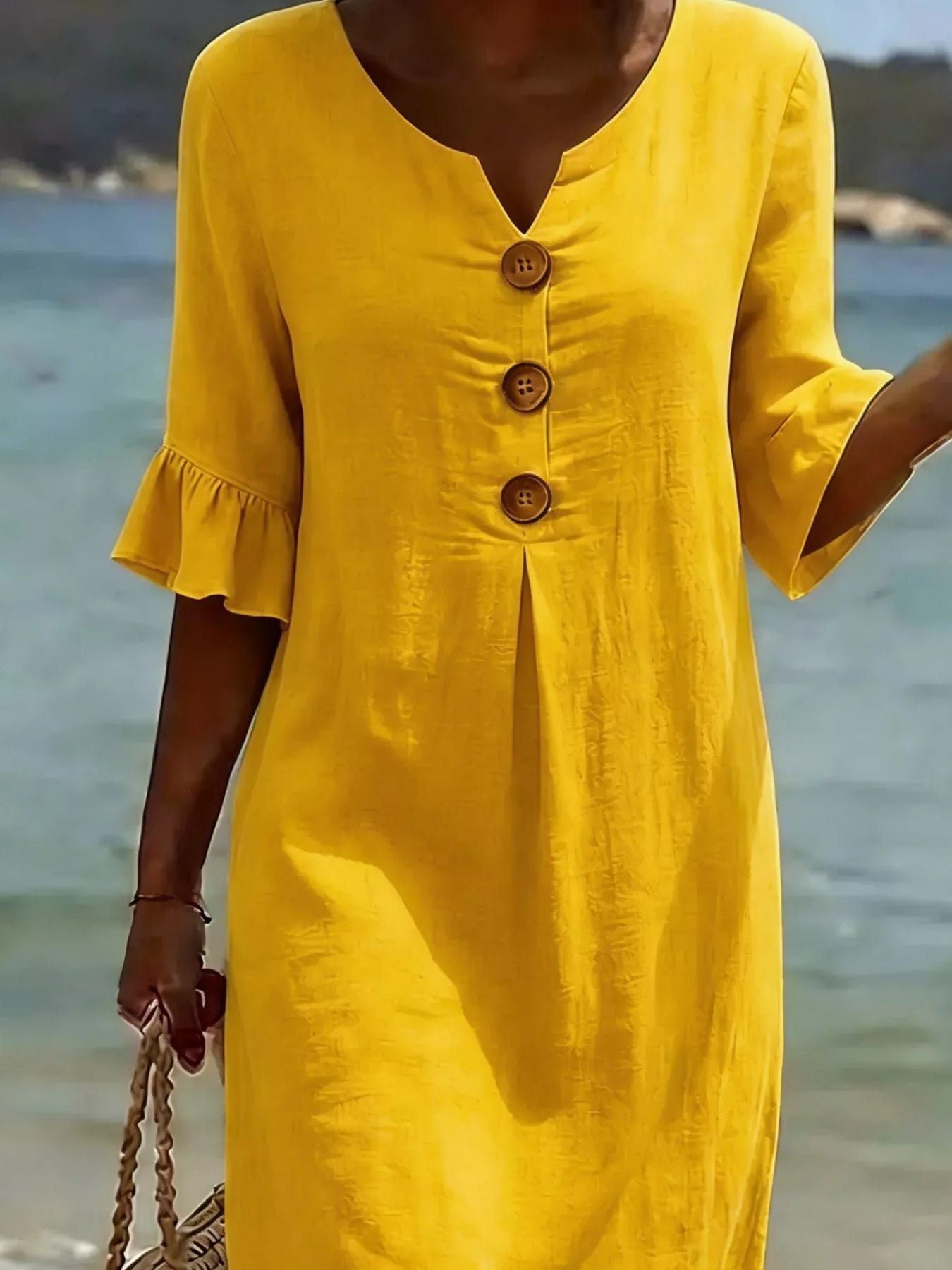 Full Size Button Decor Flounce Sleeve Dress Plus Size