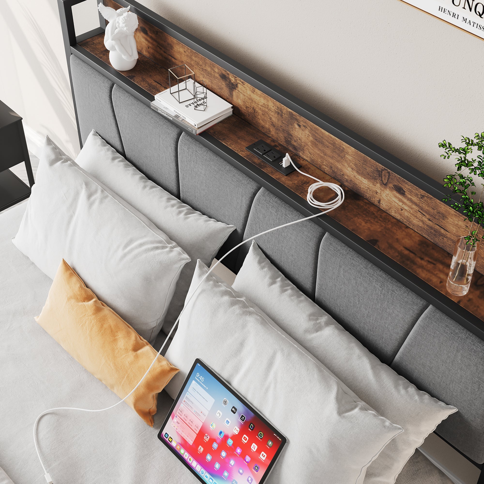 Full Size Bed Frame with Storage Headboard and Charging Station