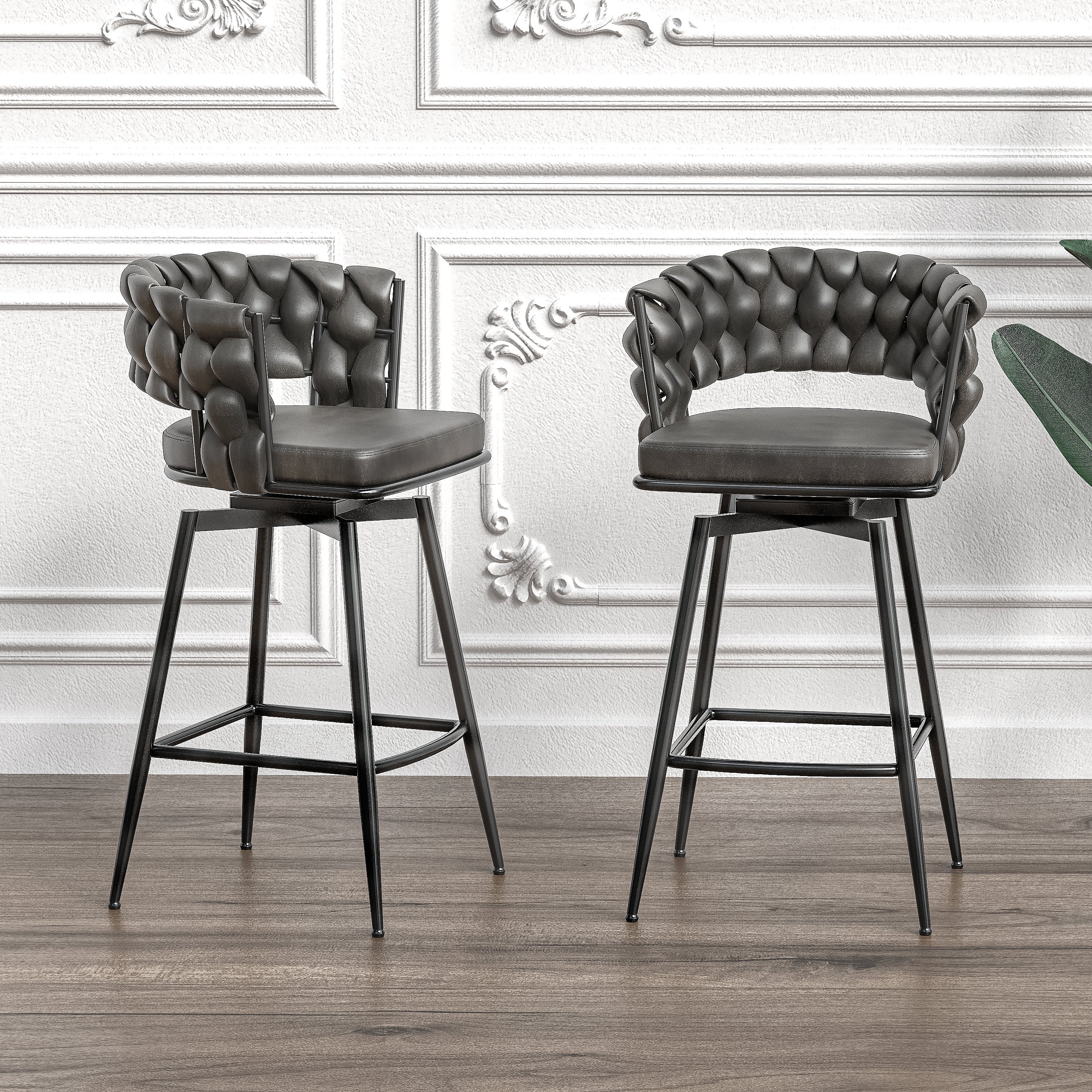 28" Technical Leather Woven Bar Stool Set of 2