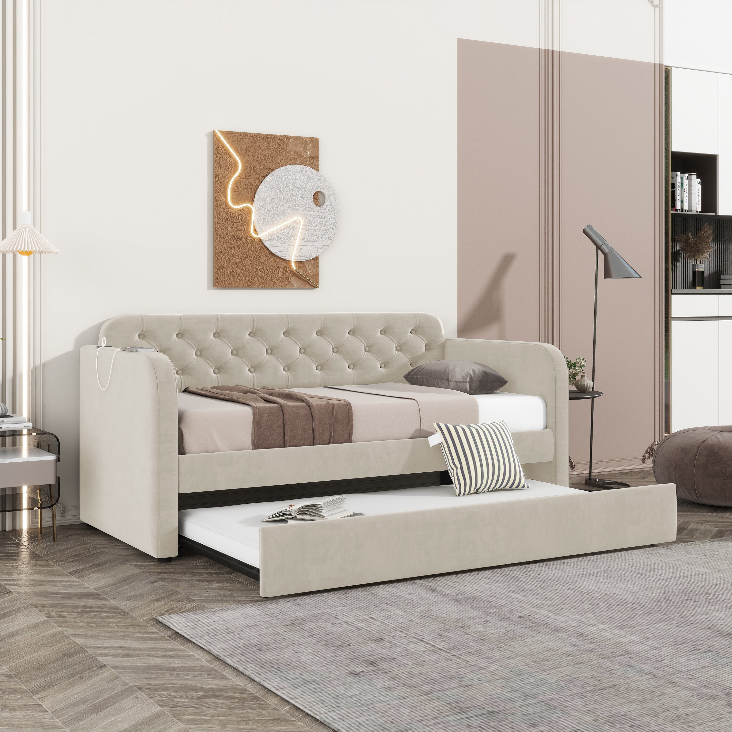 Twin Size Upholstered Daybed with Trundle and USB Charging