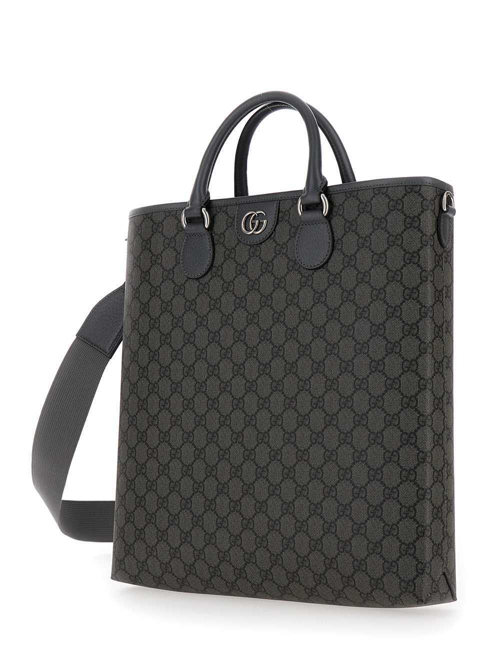 Gucci Men 'Ophidia Gg Media' Black And Grey Tote Bag In Gg Supreme Canvas Man