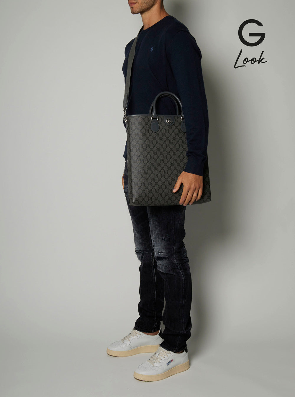 Gucci Men 'Ophidia Gg Media' Black And Grey Tote Bag In Gg Supreme Canvas Man