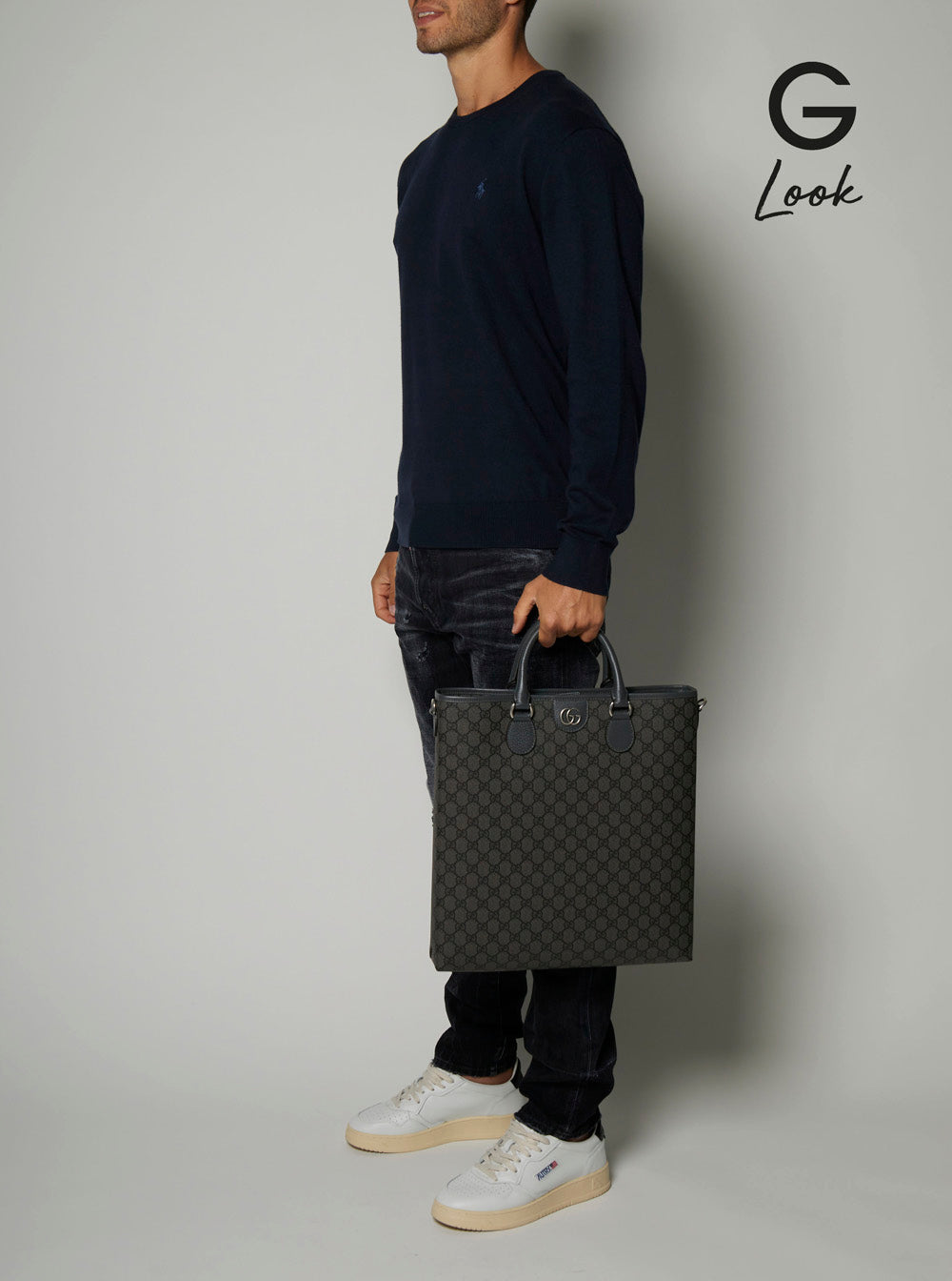 Gucci Men 'Ophidia Gg Media' Black And Grey Tote Bag In Gg Supreme Canvas Man