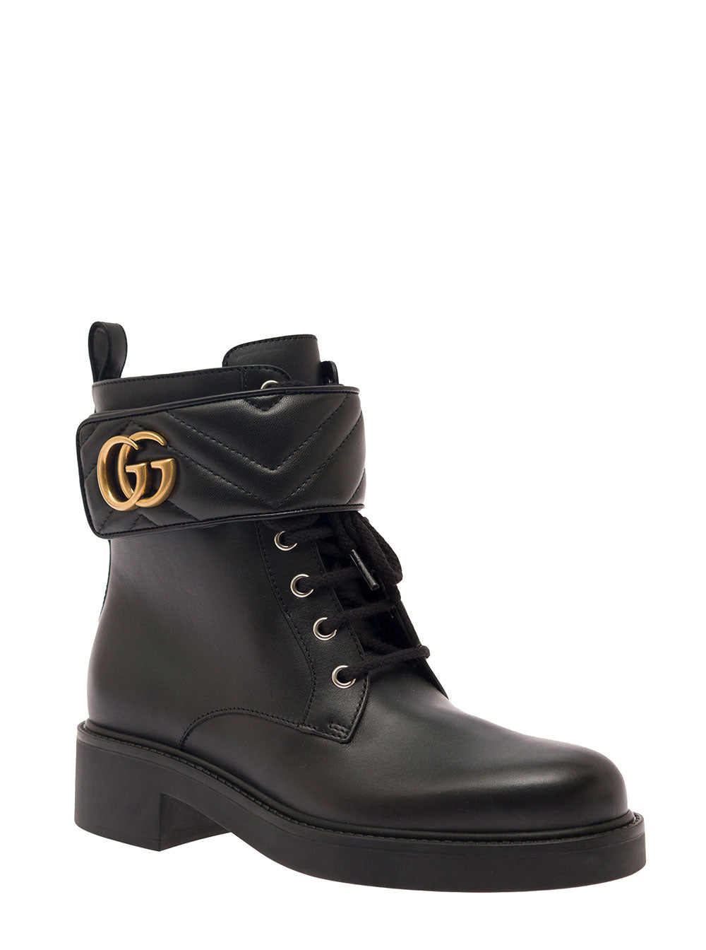 Gucci Women Black Ankle Boot With Double 'G' And Textured Hardware In Leather Woman