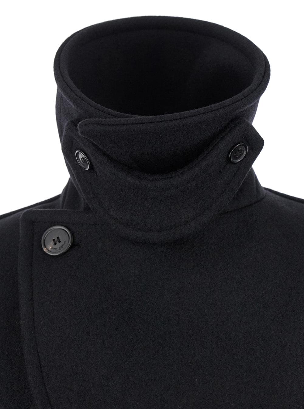 Saint Laurent Women Black Double-Breasted Coat With Classic Wide Revers In Wool Woman