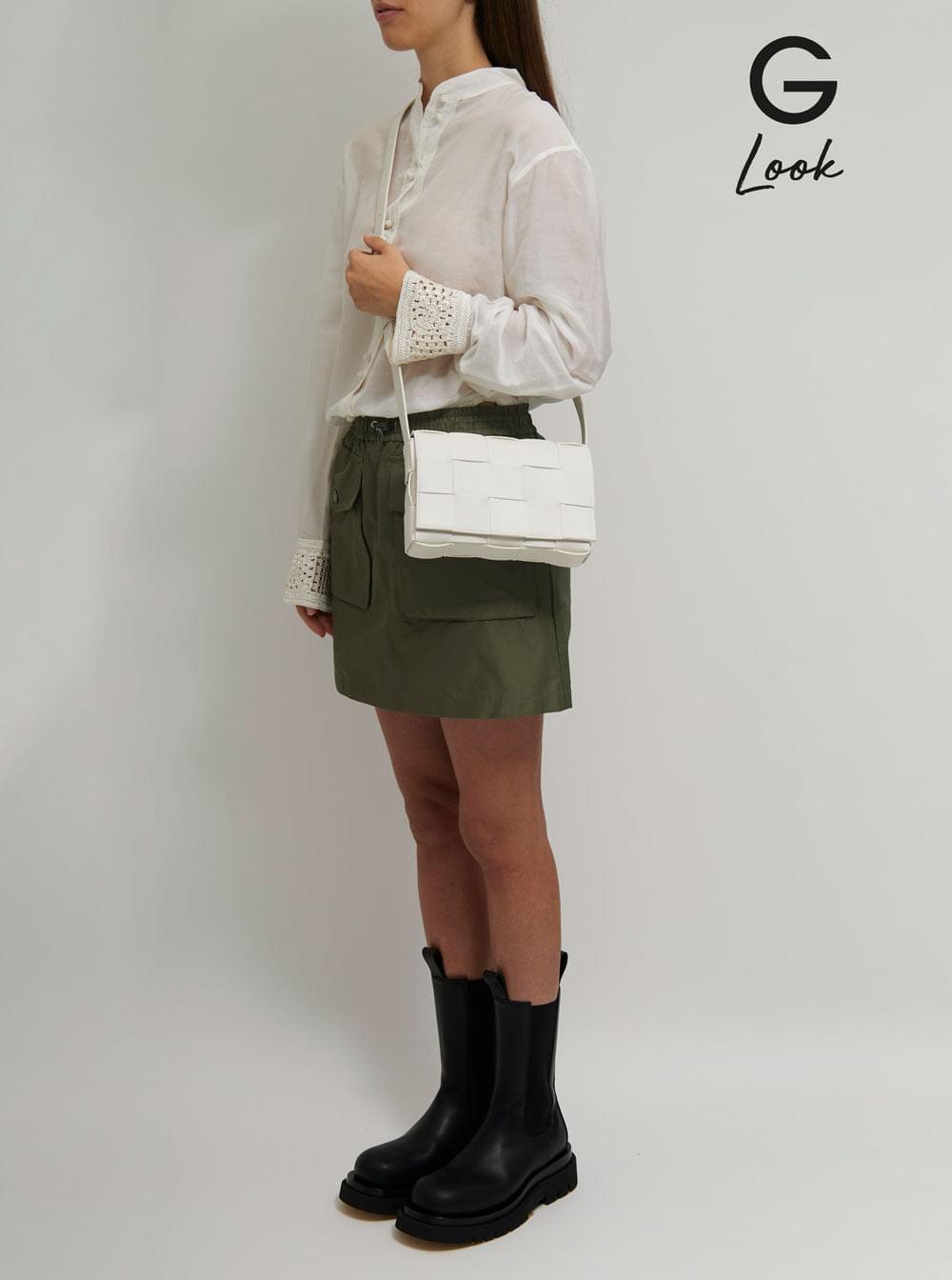Bottega Veneta Women Cassette White Leather Crossbody Bag In Intreccio Nappa Leather