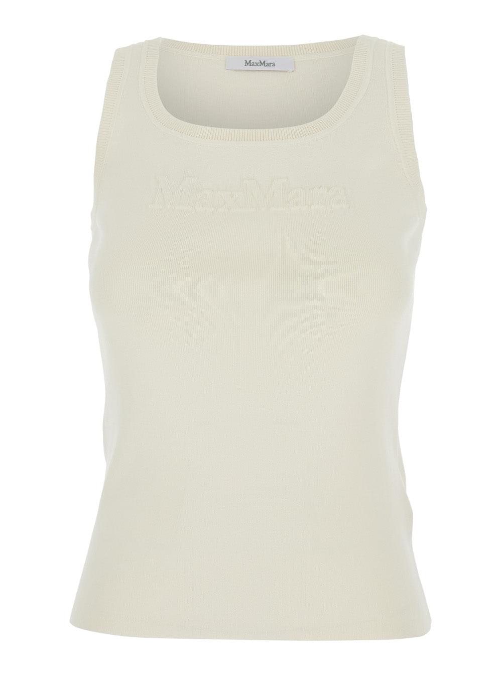 Max Mara Women 'Pentola' White Sleeveless Top With Square Neck And Tonal Logo Lettering Embroidery On The Front In Viscose Blend Woman