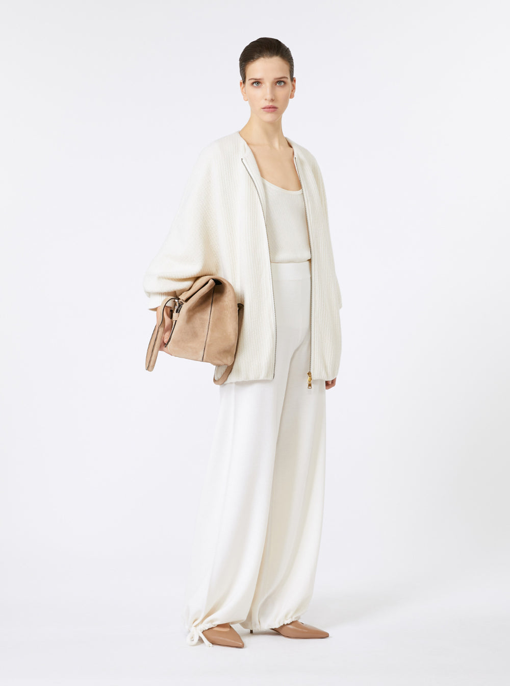 Max Mara Women 'Cirino' White Crewneck Knit Jacket With Logo Patch On The Rear In Wool And Cashmere Woman
