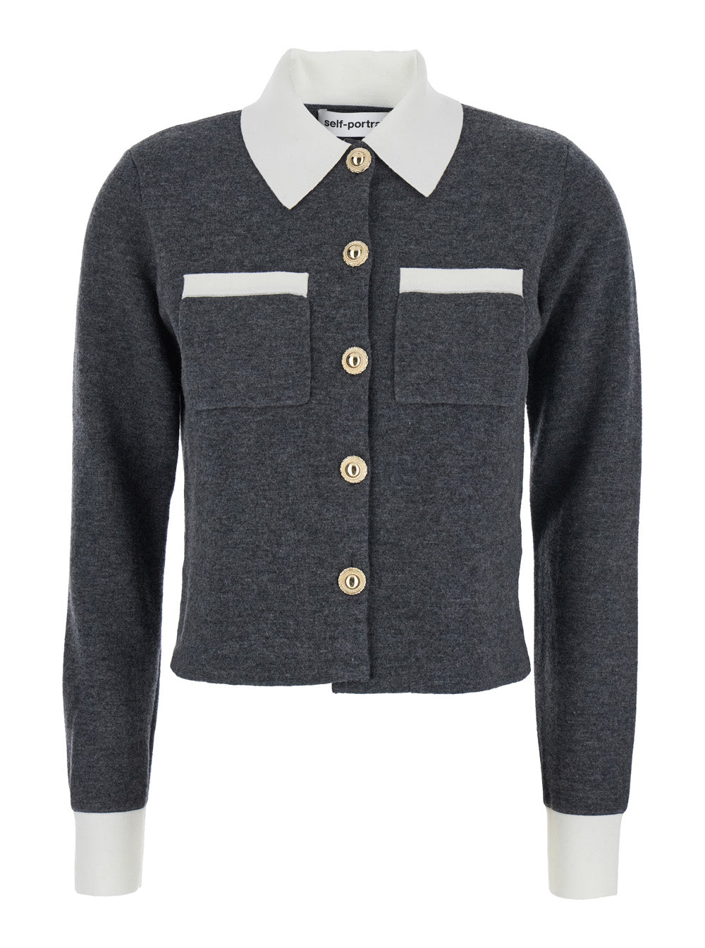Self-Portrait Women Grey Cropped Cardigan With Contrasting Classic Collar And Two Front Patch Pockets In Wool Blend Woman