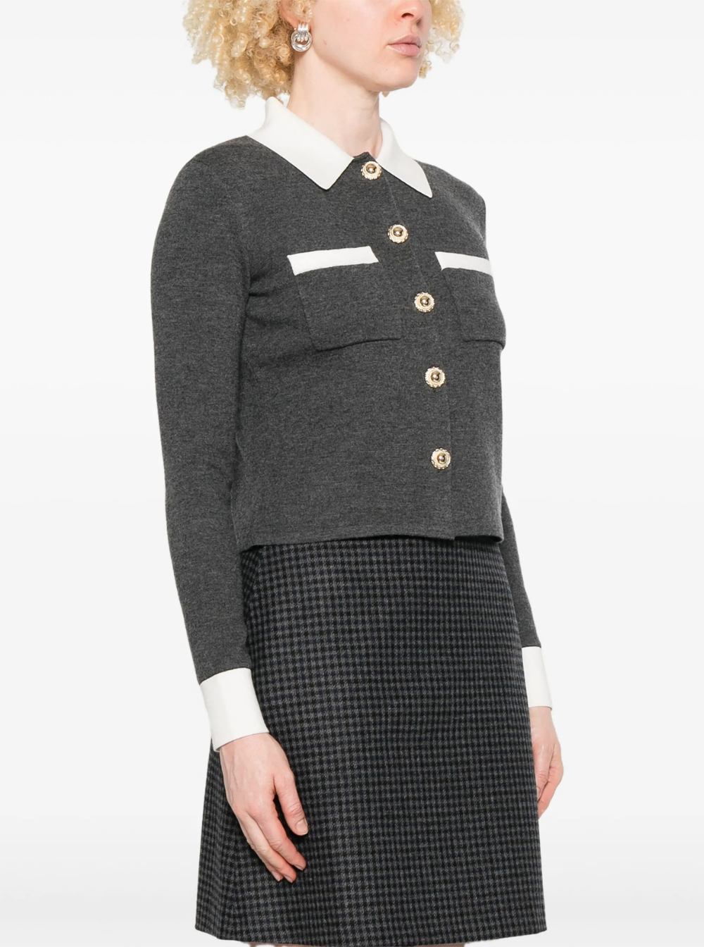 Self-Portrait Women Grey Cropped Cardigan With Contrasting Classic Collar And Two Front Patch Pockets In Wool Blend Woman