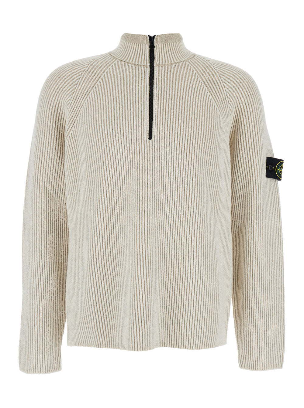 Stone Island Men White Sweater With Logo Patch On The Sleeve And Front Half Zip Closure In Wool Stretch Man