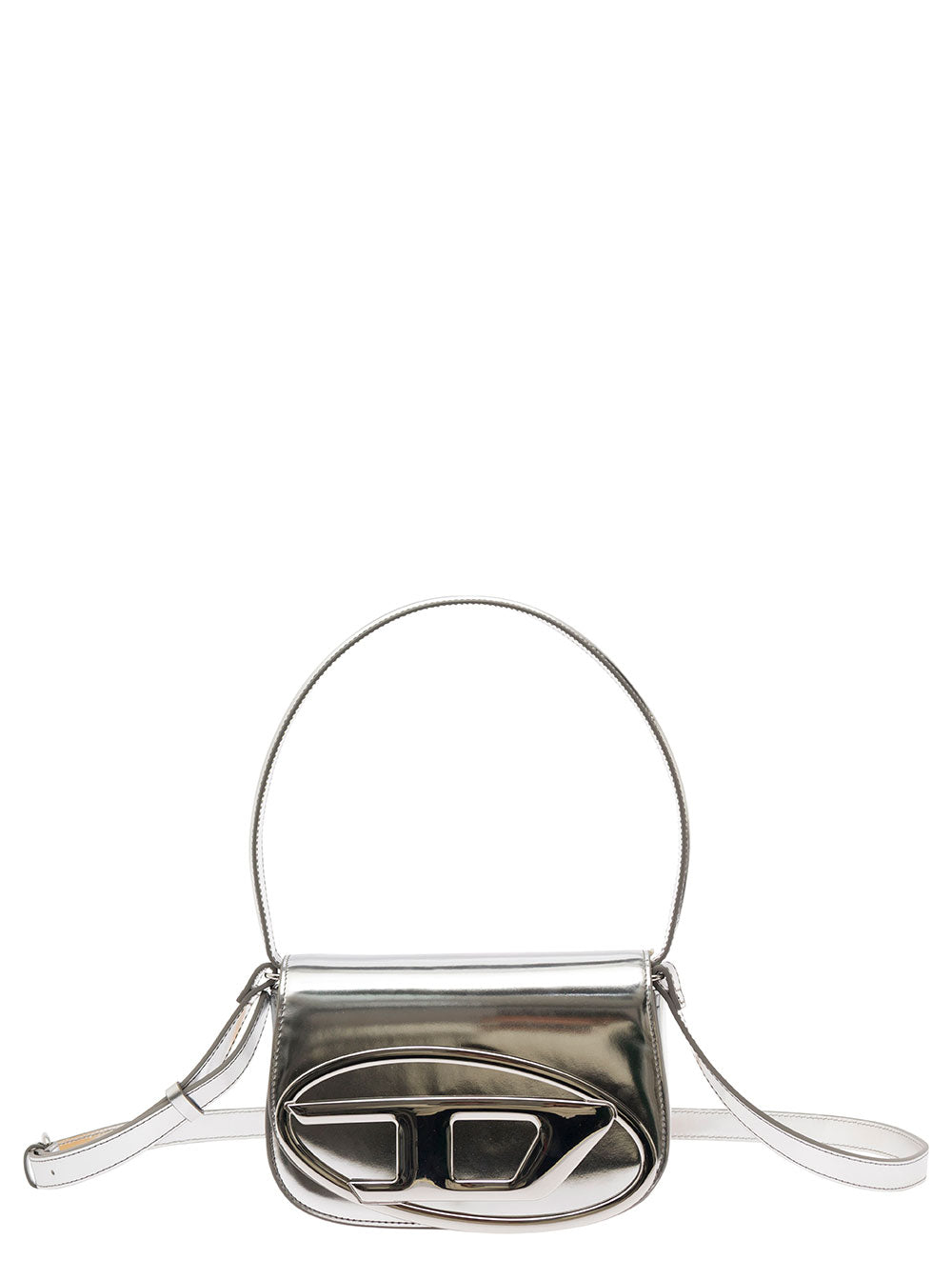 Diesel Women '1Dr' Silver Shoulder Bag  With Oval D Patch In Laminated Leather For Women