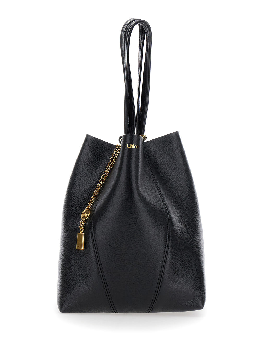 Chloé Women Shoulder Bag 'Spin' With Logoed Metal Medals In Black Grained Leather For Women