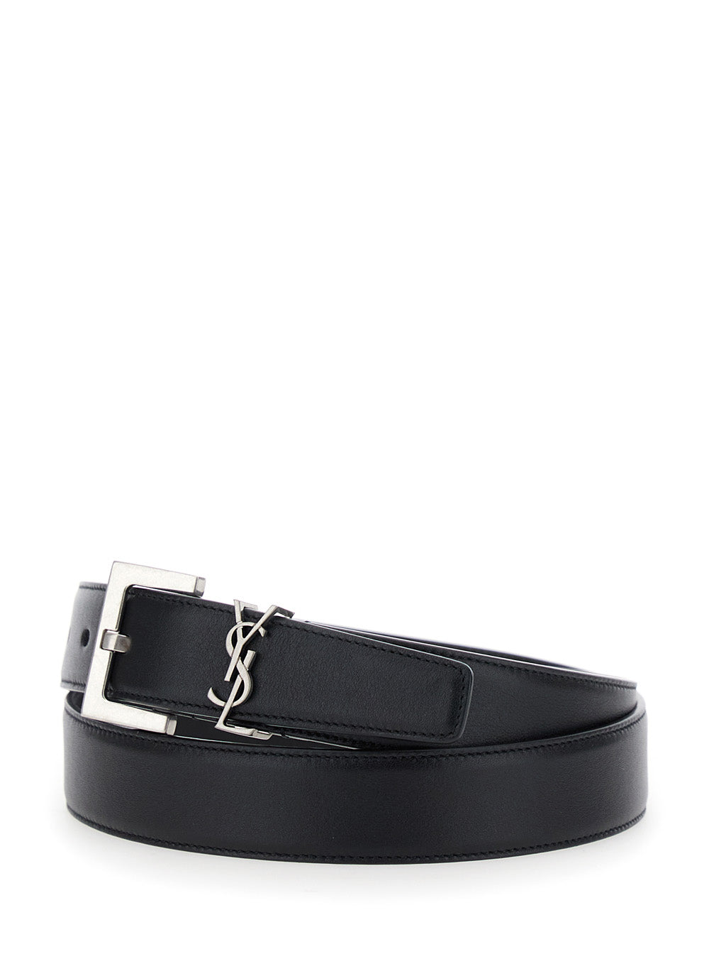 Saint Laurent Women Belt With Cassandre Plate On The Front And Square Buckle In Black Leather For Women