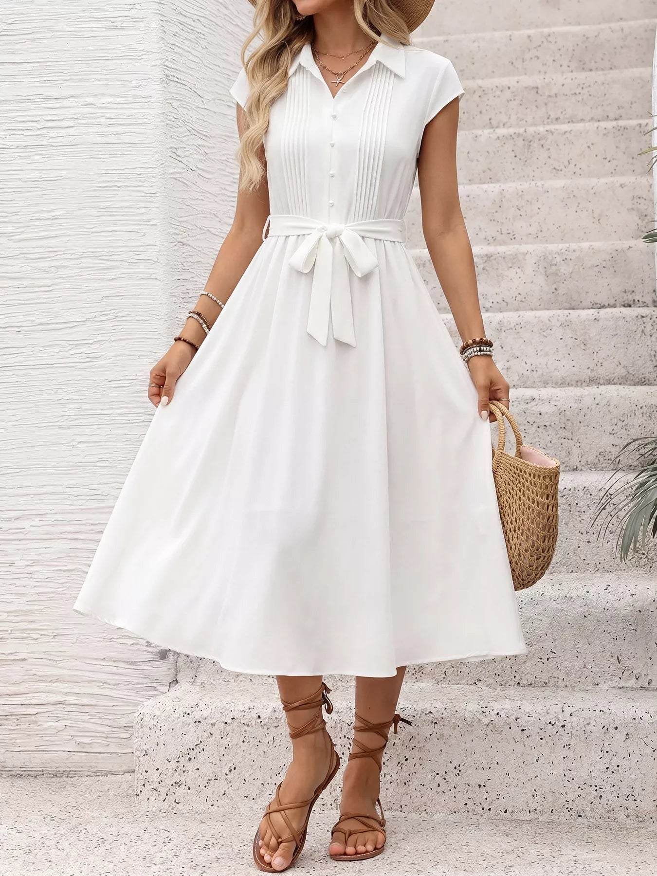 Cap Sleeve Tie Waist Midi Dress