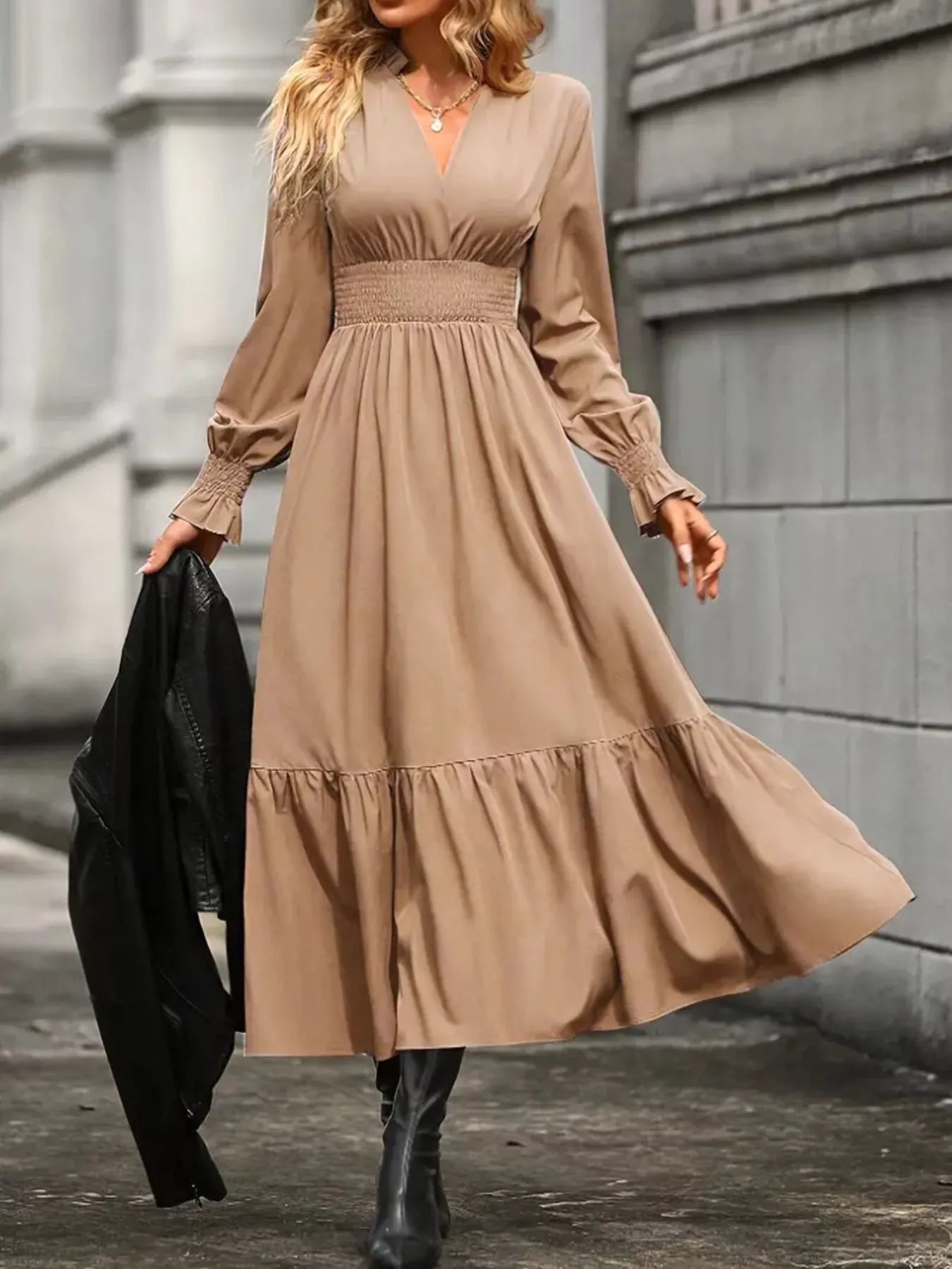 Surplice Long Sleeve Tiered Midi Dress