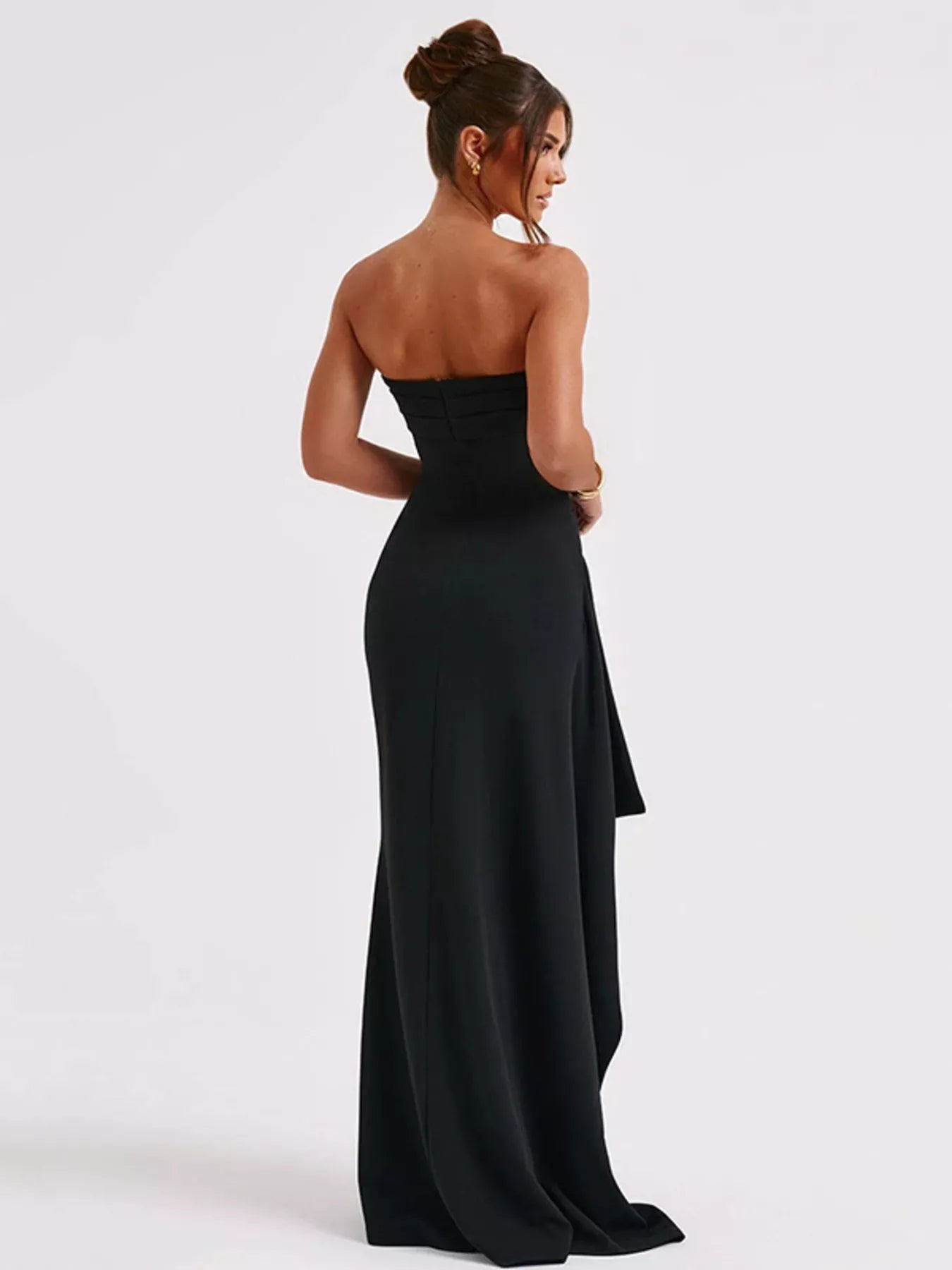 Strapless Ruched High Slit Maxi Dress