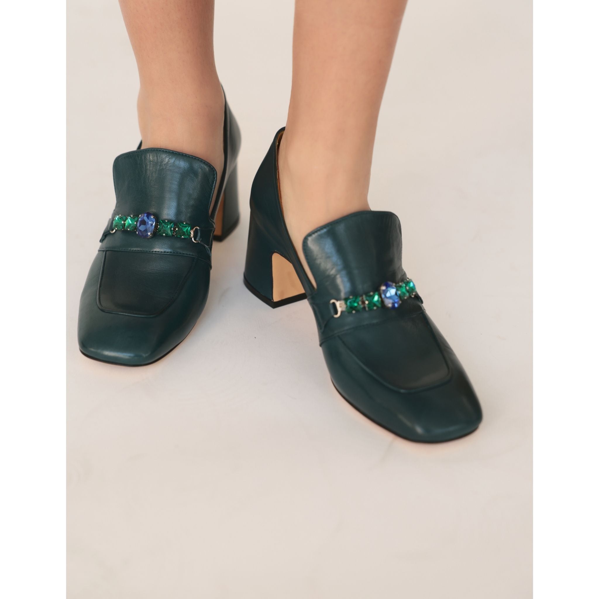 Navy Leather Mid Heel Jeweled Loafer