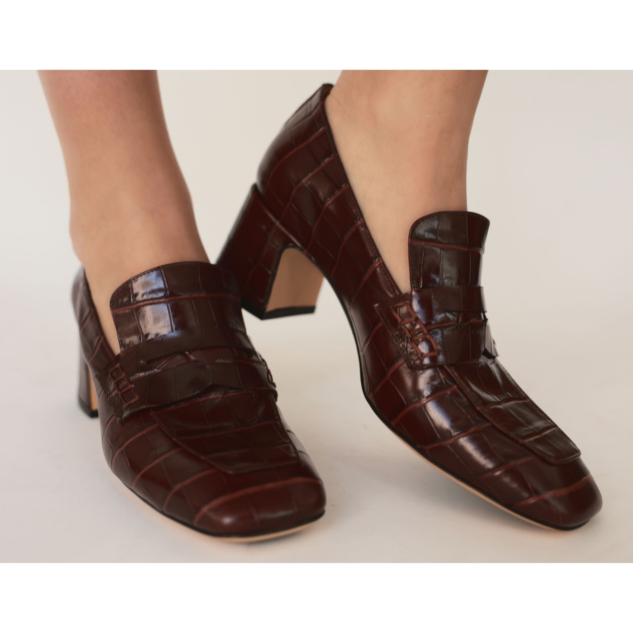 Chocolate Leather Heel Moc Croc Leather Loafer