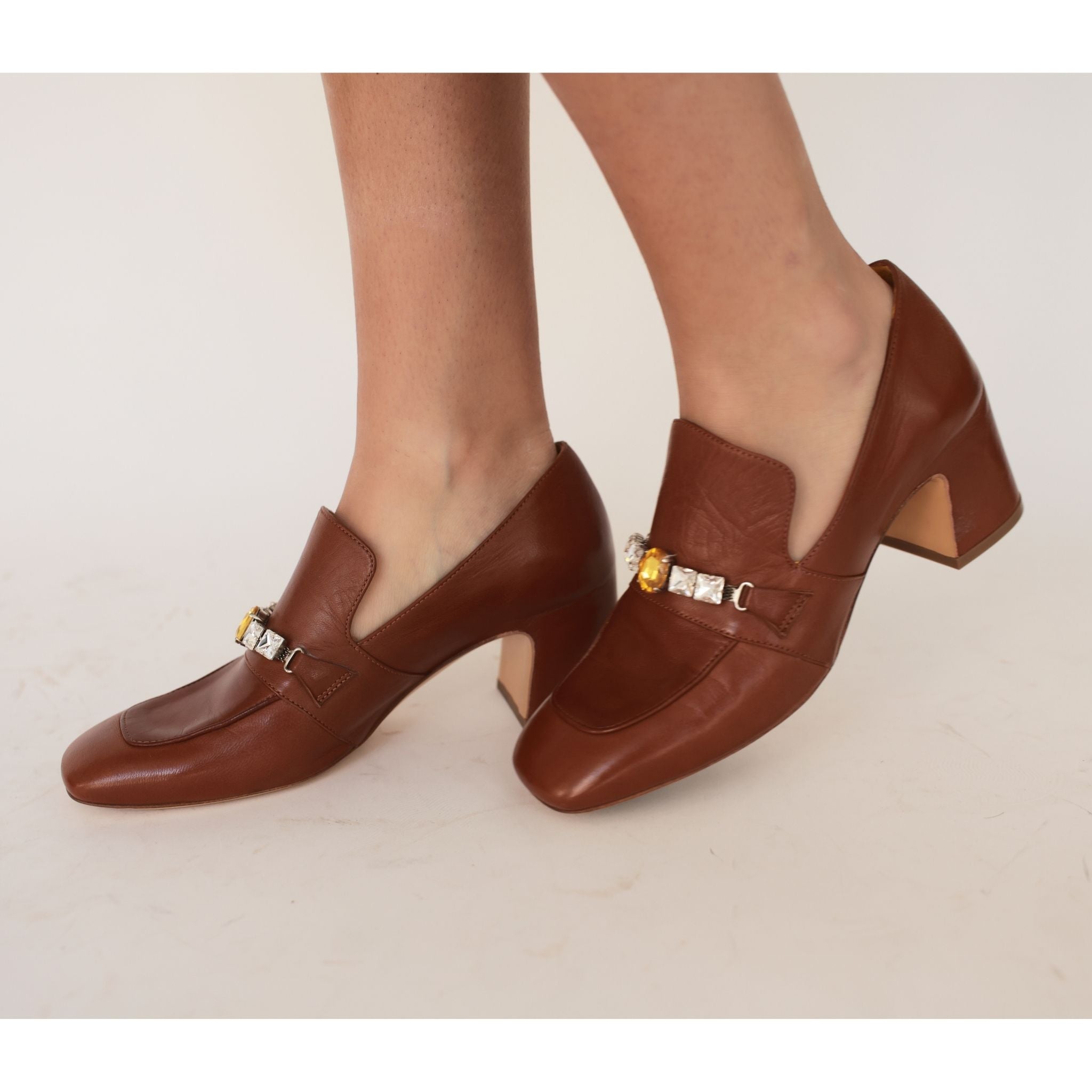 Navy Leather Mid Heel Jeweled Loafer